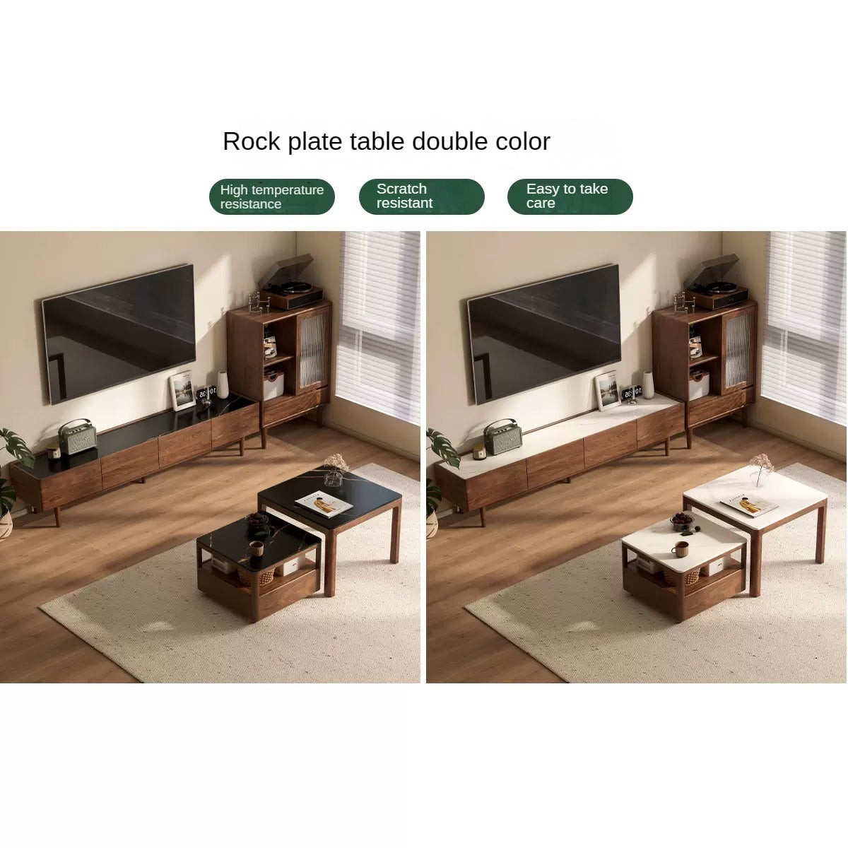 Modern Black Walnut Solid Wood TV Stand with Slate Top - Perfect for Living Room, Home Theater & Entertainment Center Storage
