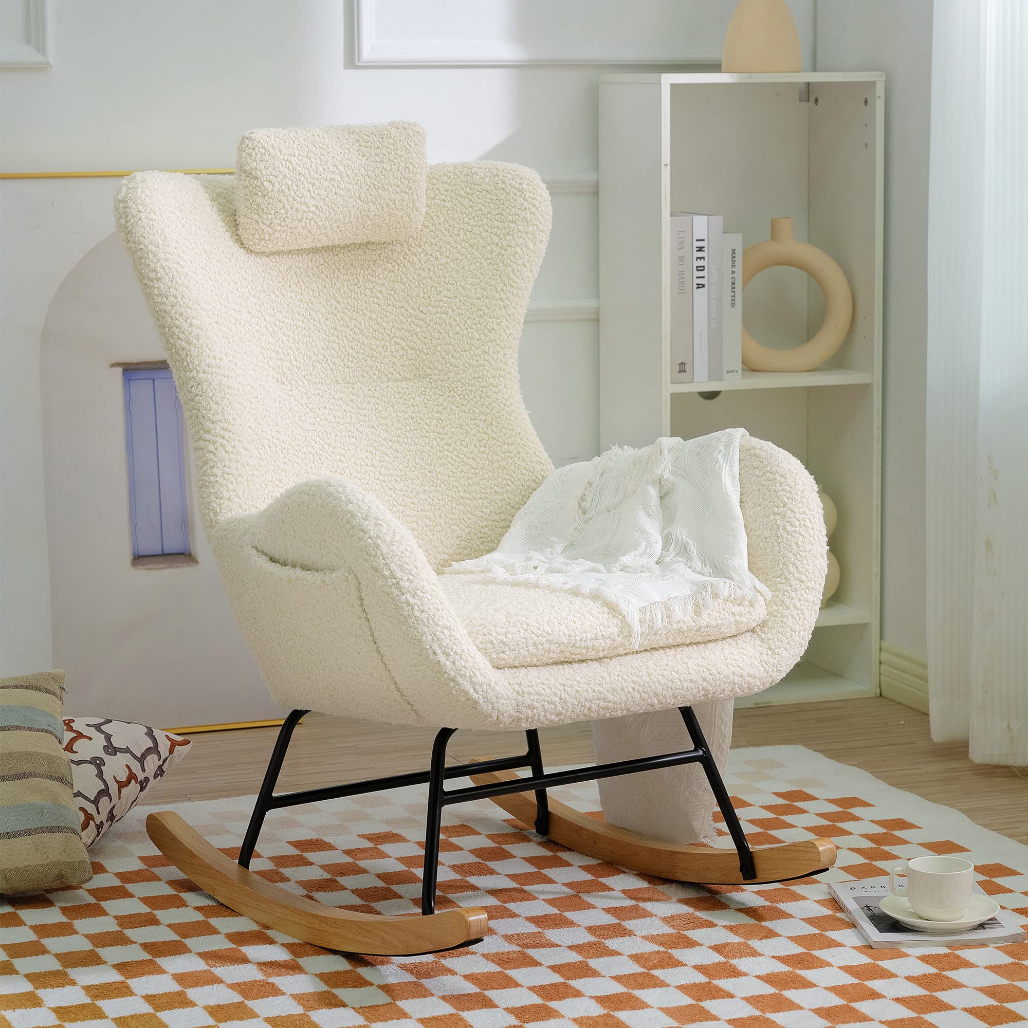 **Teddy Upholstered Glider Rocker Recliner - High Backrest Nursery Rocking Chair with Adjustable Headrest, Comfy Accent Armchair for Living Room & Bedroom (Beige) | Perfect for Nursing, Reading & Relaxing**