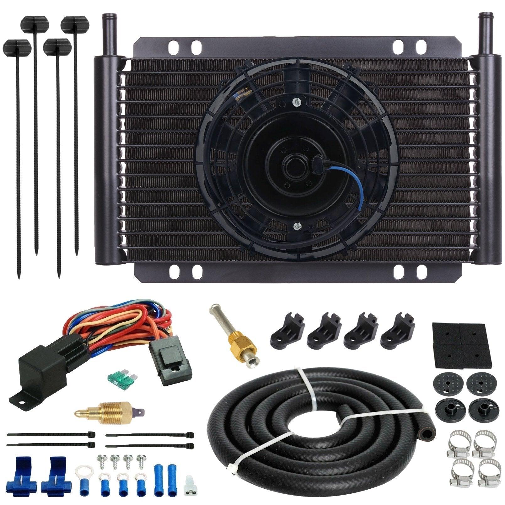 17 Row Transmission Oil Cooler with Electric Fan, Thermostat & Temperature Switch Kit - Ideal for High-Performance Vehicles & Off-Road Trucks