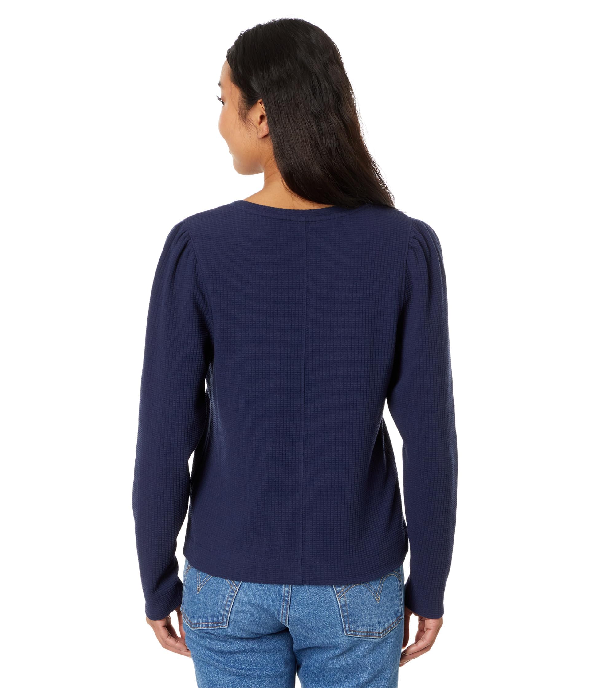 Lilla P Women's Puff Sleeve Waffle Knit V-Neck T-Shirt - Casual Blouse for Spring & Summer, Date Night, Office Wear