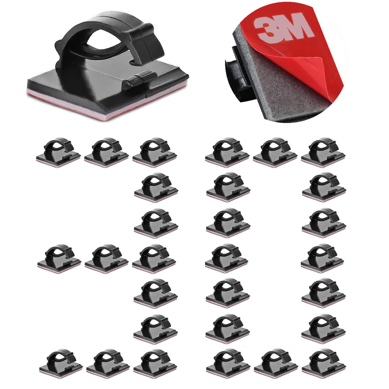 3M Self-Adhesive Cable Clips - 30pcs Black Cord Organizer for Desk, Wall, Car Dash Cam | Wire Management Clamps for Home Office & Vehicle Use