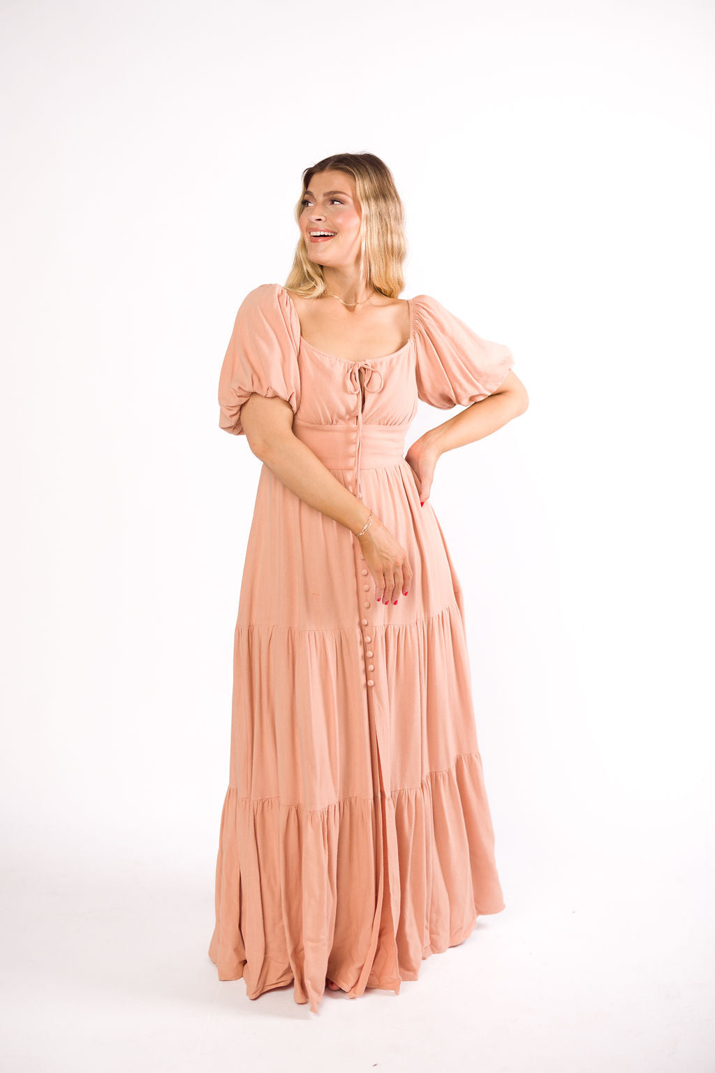 Genevieve Tiered Maxi Dress in Peach Clay - Flowy Summer Dress for Women, Beach Wedding Guest Outfit, Boho Chic Fashion