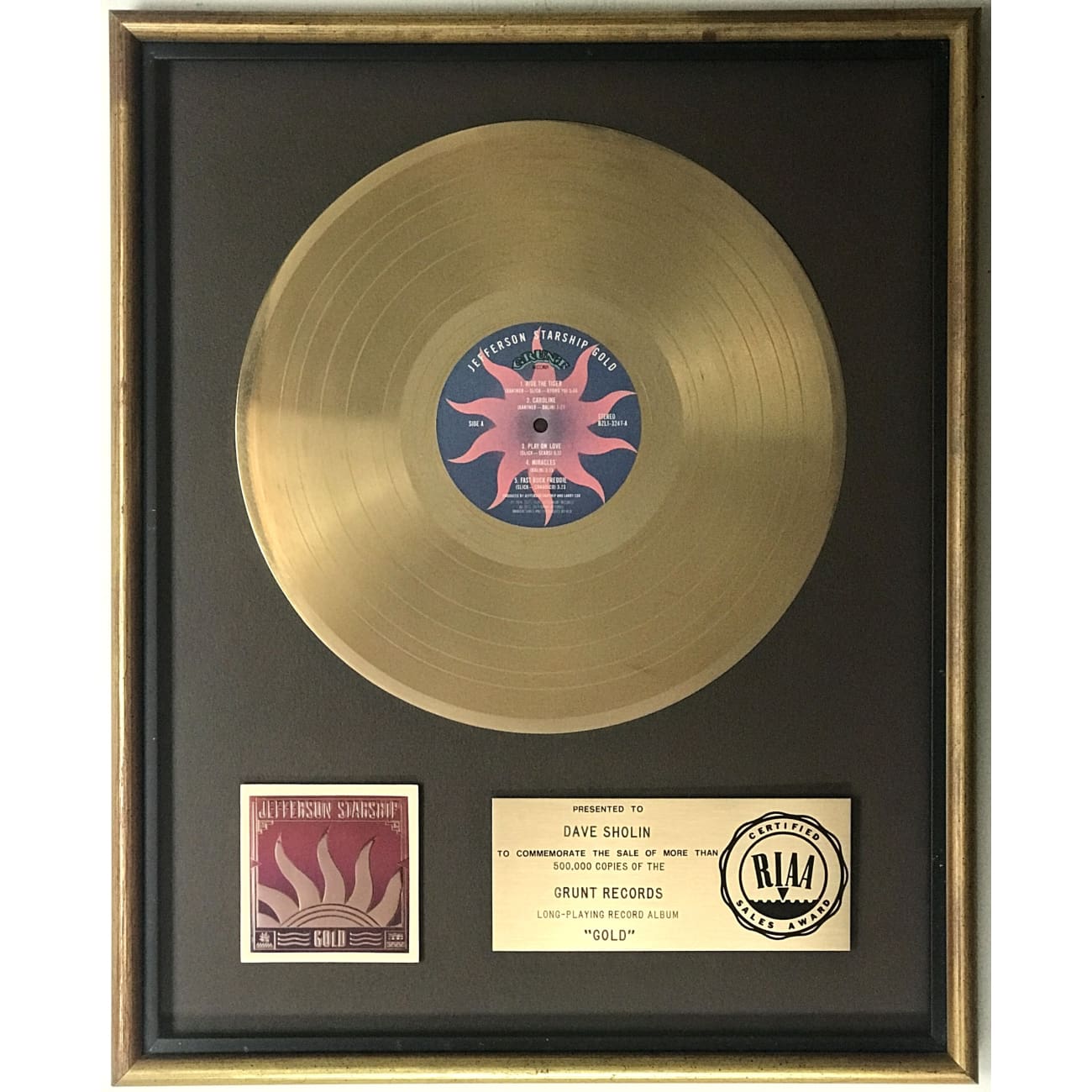 Jefferson Starship Gold RIAA Certified Gold LP Award - Vintage Music Collectible for Display & Memorabilia Enthusiasts
