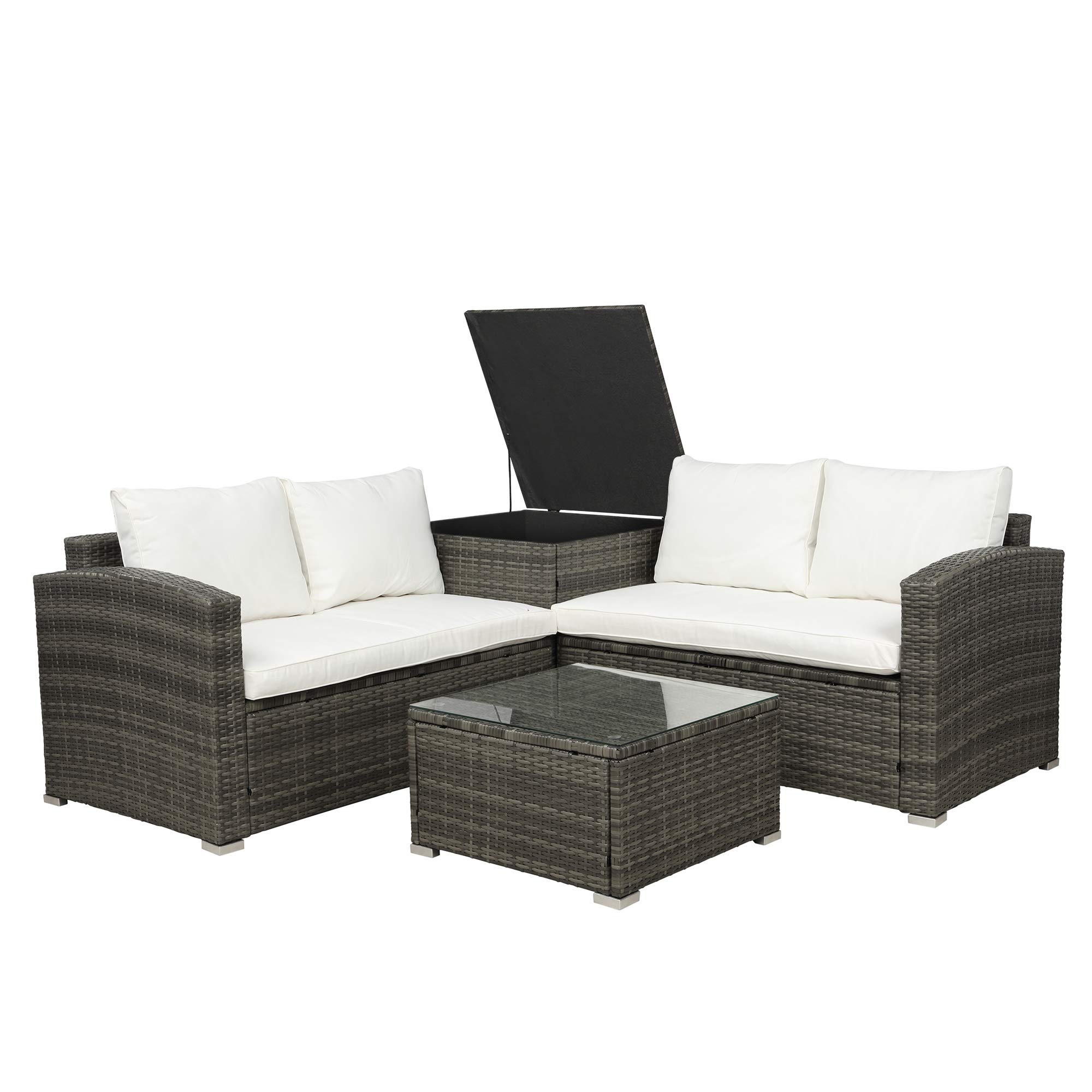 4-Piece Outdoor Cushioned PE Rattan Wicker Sectional Sofa Set with Coffee Table & Storage Ottoman - Waterproof Patio Furniture for Garden, Backyard, Poolside (Beige) - Perfect for Relaxing, Entertaining & Outdoor Lounging