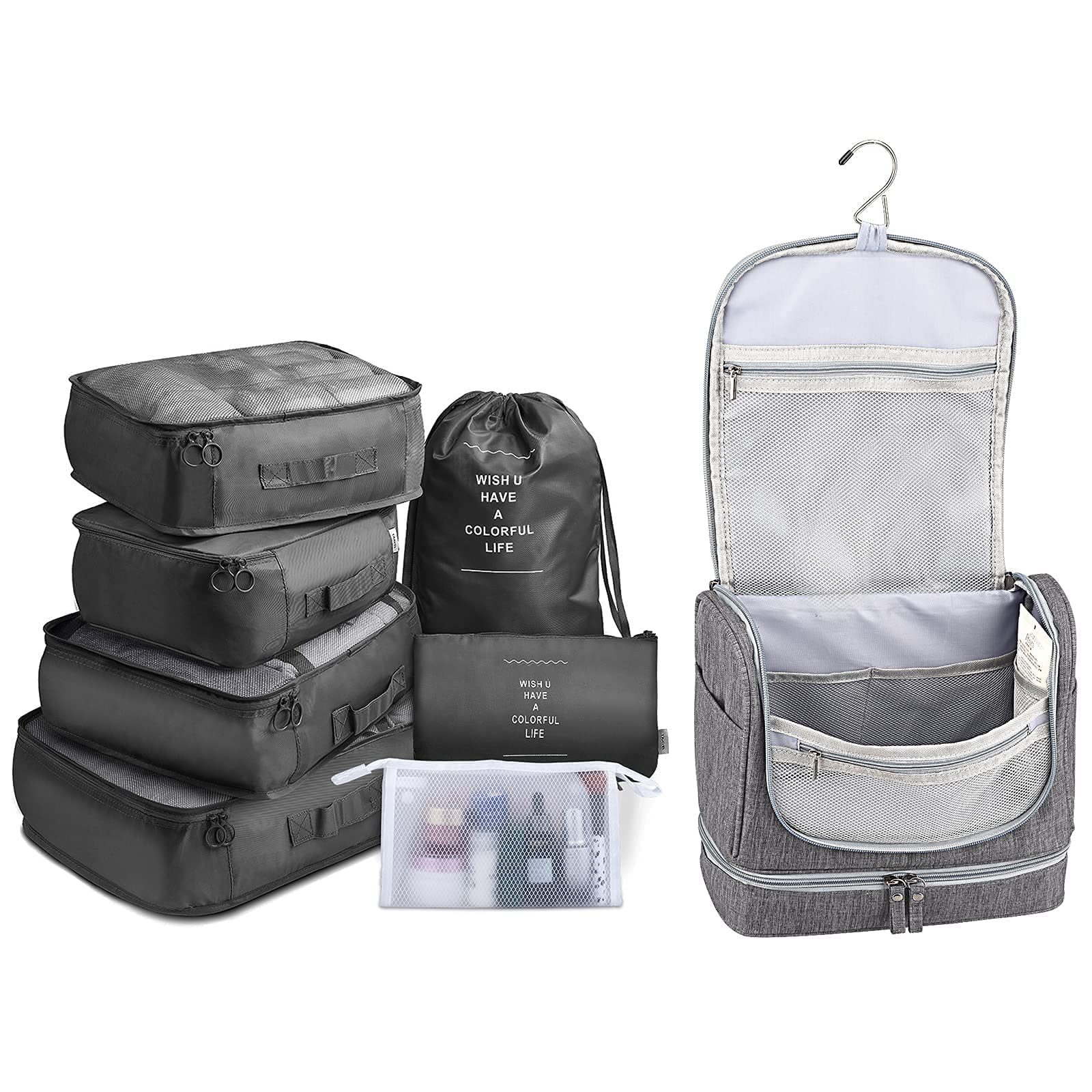 7-Piece Packing Cubes Set for Travel - Luggage Organizers with Wet/Dry Compartments, Toiletry & Cosmetic Bags (Perfect for Business Trips, Vacations & Weekend Getaways)