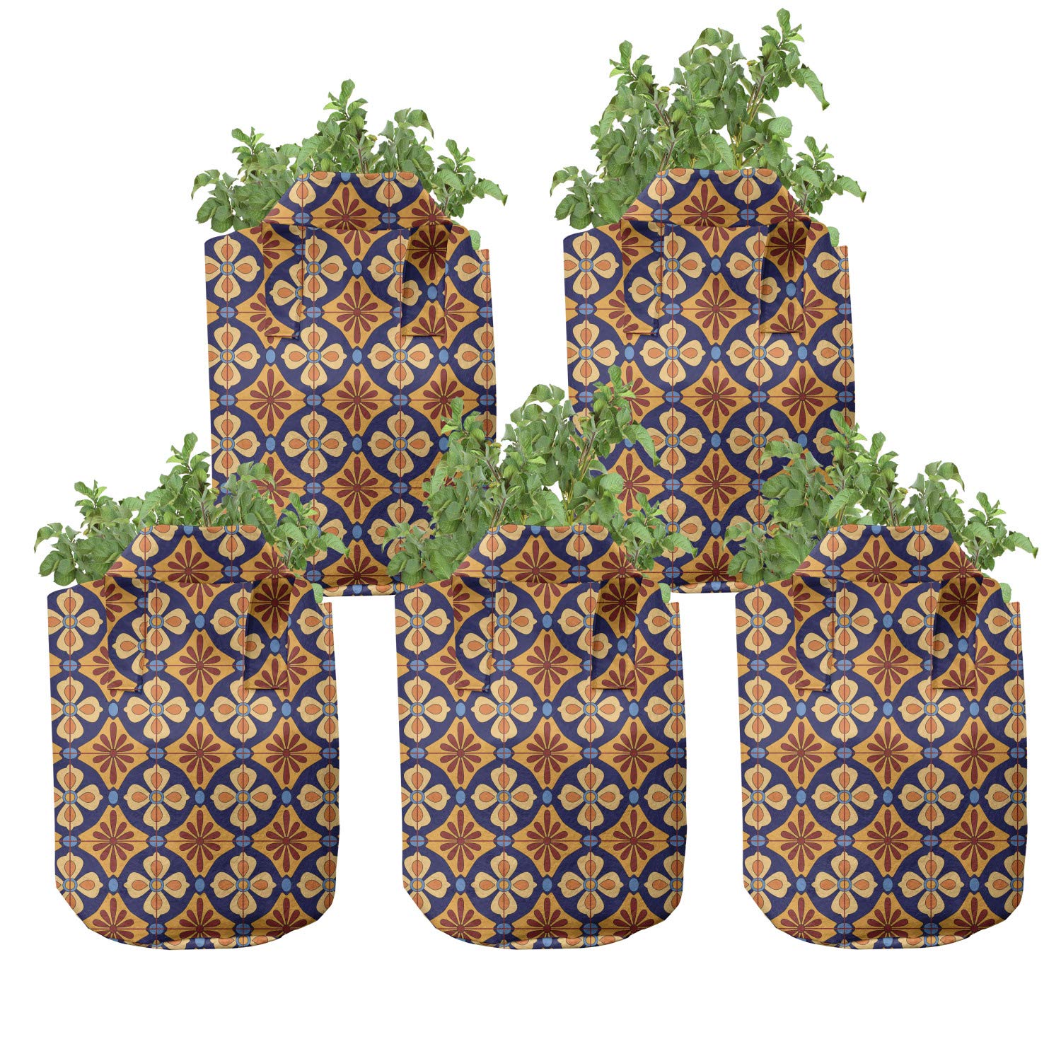 Lunarable Talavera Grow Bags 5-Pack - Heavy Duty Fabric Plant Pots with Handles, Mexican Ethnic Design in Blue Coffee - Perfect for Indoor/Outdoor Gardening, Vegetables, Flowers & Herbs