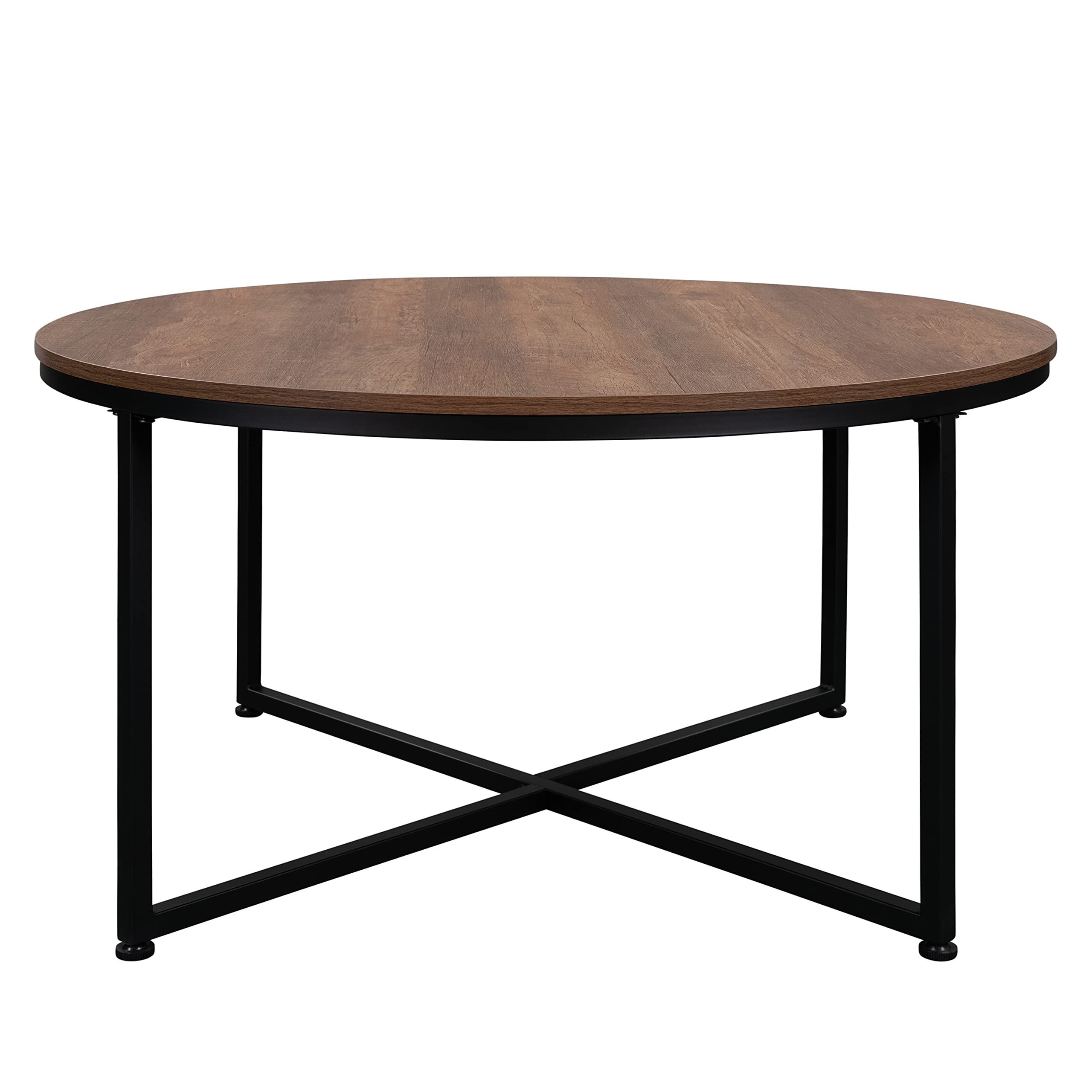 Modern Round Coffee Table with Sturdy Metal Frame & Adjustable Floor Protectors - Brown Wooden Sofa Table for Living Room, Balcony, Office - Perfect for Coffee, Tea & Decor Display