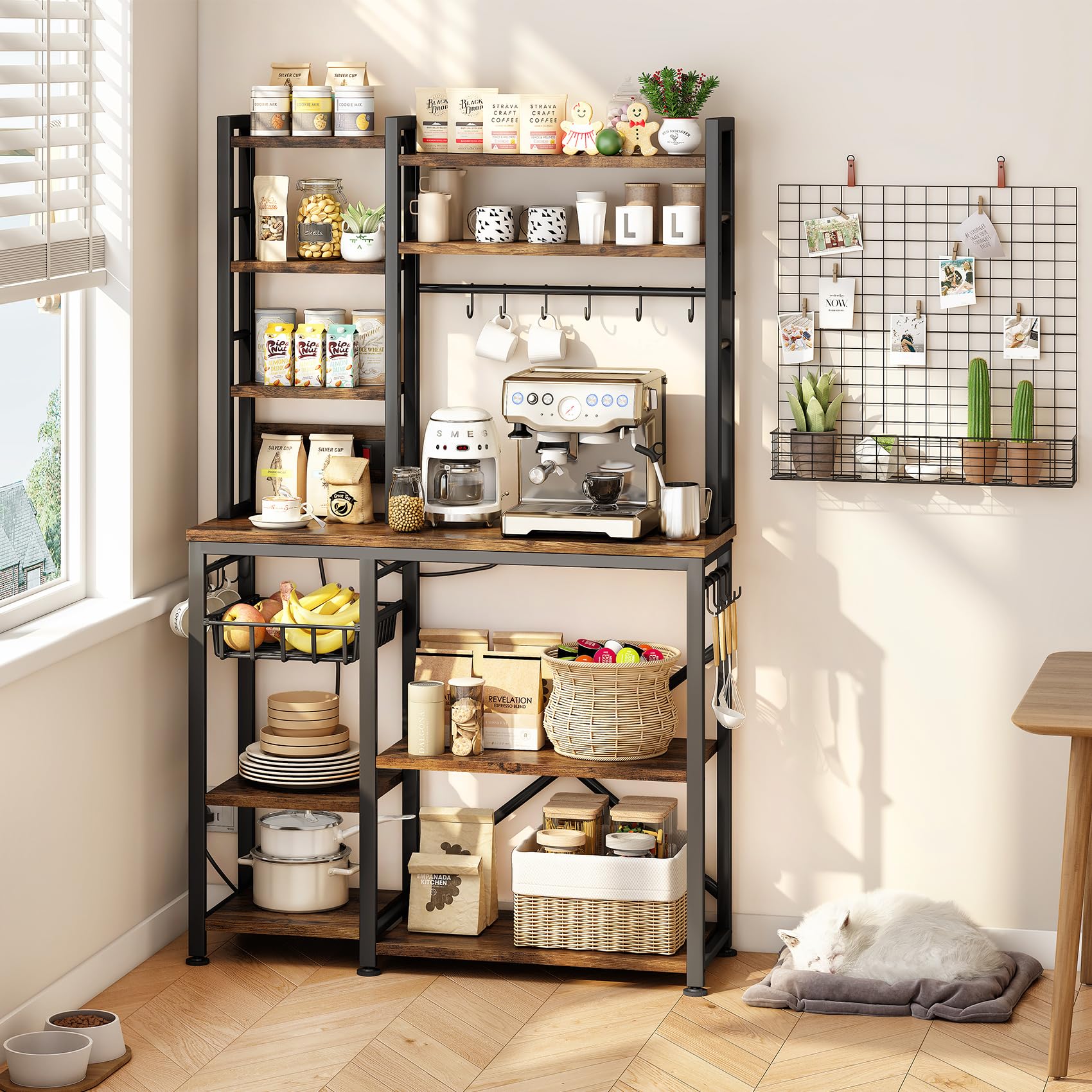 Baker Rack with Power Outlet - Microwave Stand with Storage, Large Coffee Bar Station with 14 Hooks, Metal Kitchen Shelf Organizer for Spices & Pots (Rustic Brown) | Perfect for Small Kitchens, Coffee Bars & Pantry Organization