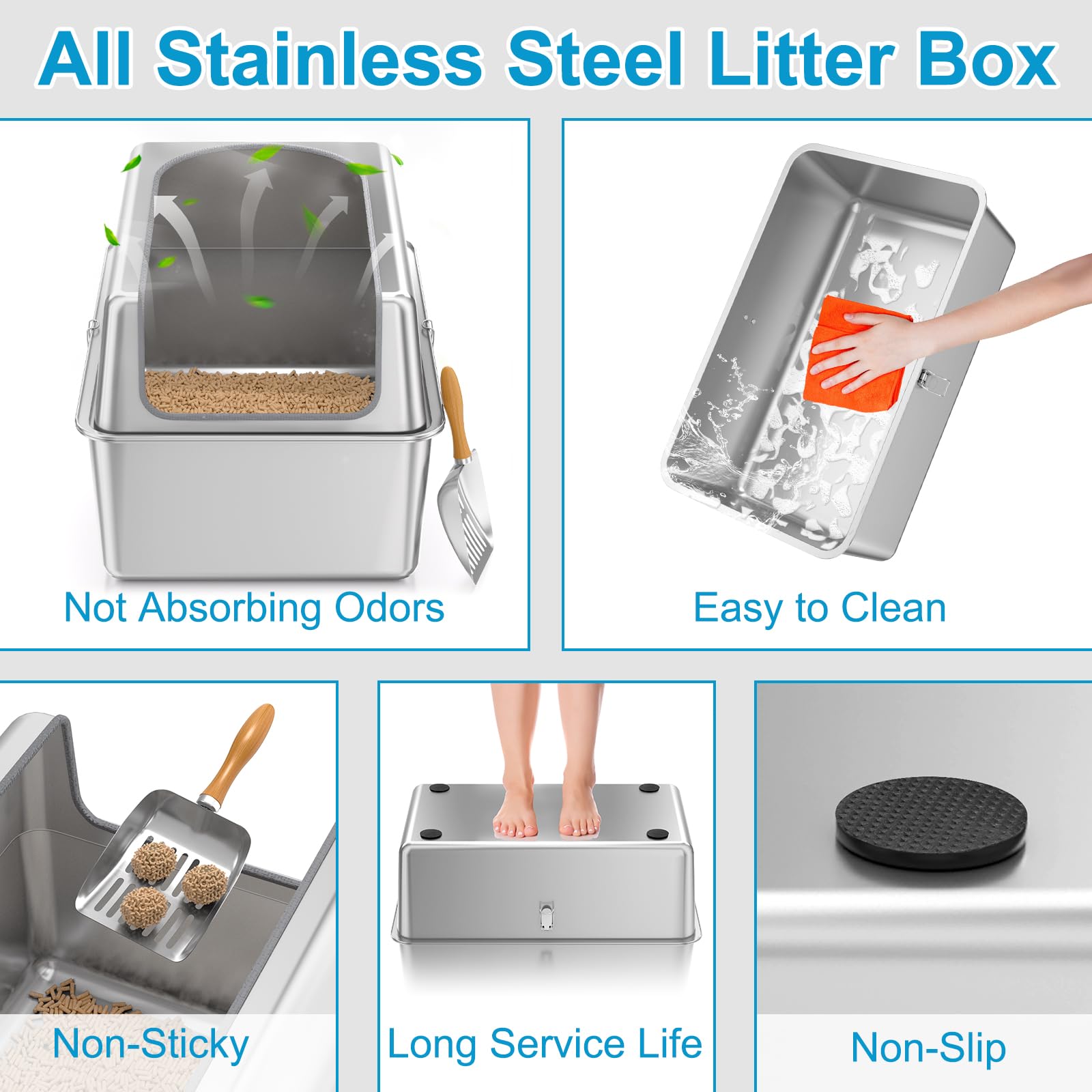 Premium Stainless Steel Cat Litter Box with Lid & Scoop - Extra Large Metal Litter Pan for Big Cats - High Sided Enclosure with Anti-Leak Design - Odor Control, Non-Stick Surface, Easy to Clean - Perfect for Multi-Cat Homes & Large Breeds