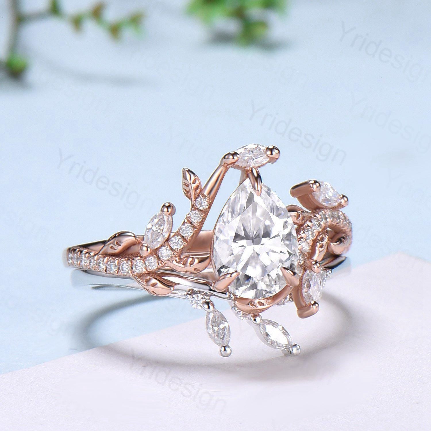 Pear Shaped Brilliant Moissanite Engagement Ring Set - Nature Inspired Snake Eternity Wedding Band - Moissanite Promise Bridal Jewelry - Perfect Gift for Women - Ideal for Proposals, Anniversaries & Special Occasions