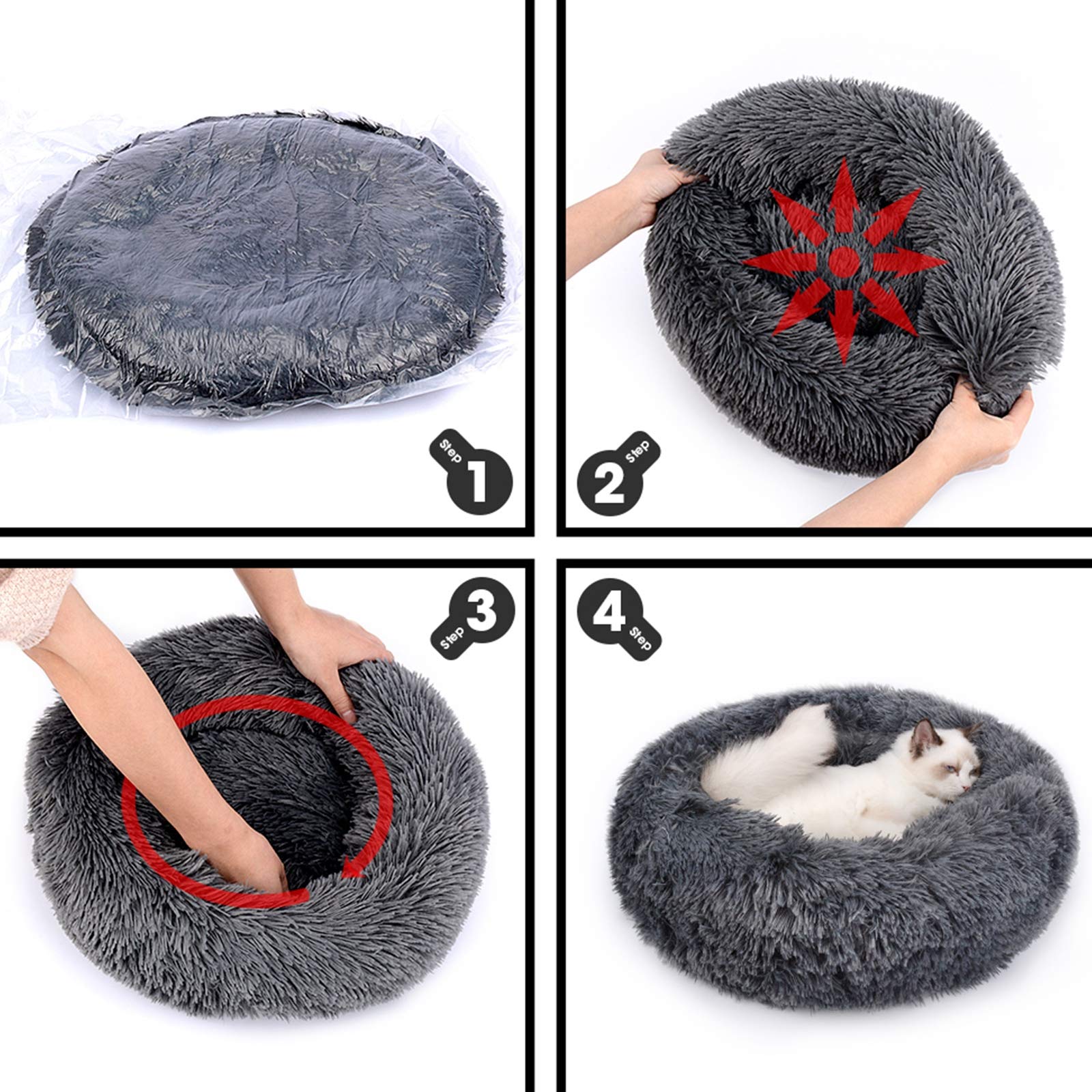 Cozy Donut Cat Bed for Indoor Cats & Small Dogs - Fluffy Round Plush Faux Fur Pet Bed with Self-Warming Feature | Machine Washable, Waterproof Bottom | Perfect for Winter Sleeping & Calming Anxiety (Grey)