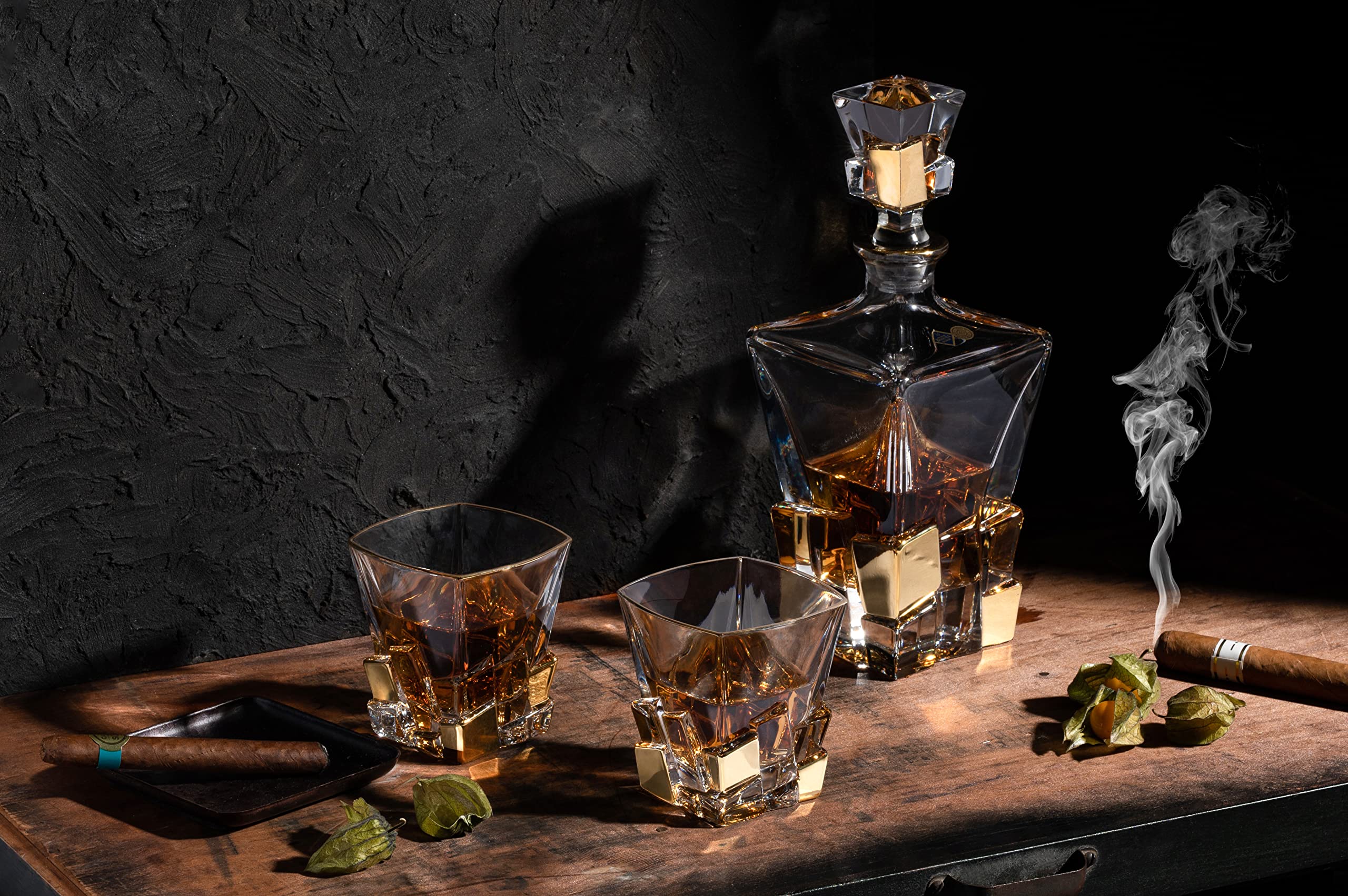Premium European Crystal Glass Set of 6 - Square Double Old Fashioned Tumblers 11.7oz with Gold Ice Design - Handcrafted in Europe - Perfect for Whiskey, Cocktails & Elegant Home Bar Decor