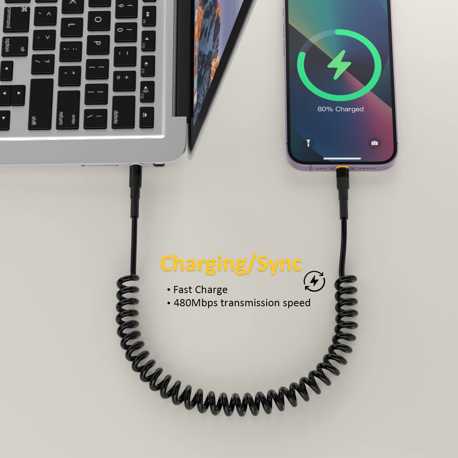 MFi Certified Coiled USB-C to Lightning Cable - Fast Charging & Data Sync for iPhone 14/13/12/11/X/8, iPad & iPod - Retractable Apple CarPlay Cord with LED Indicator - Perfect for Car, Home & Office Use