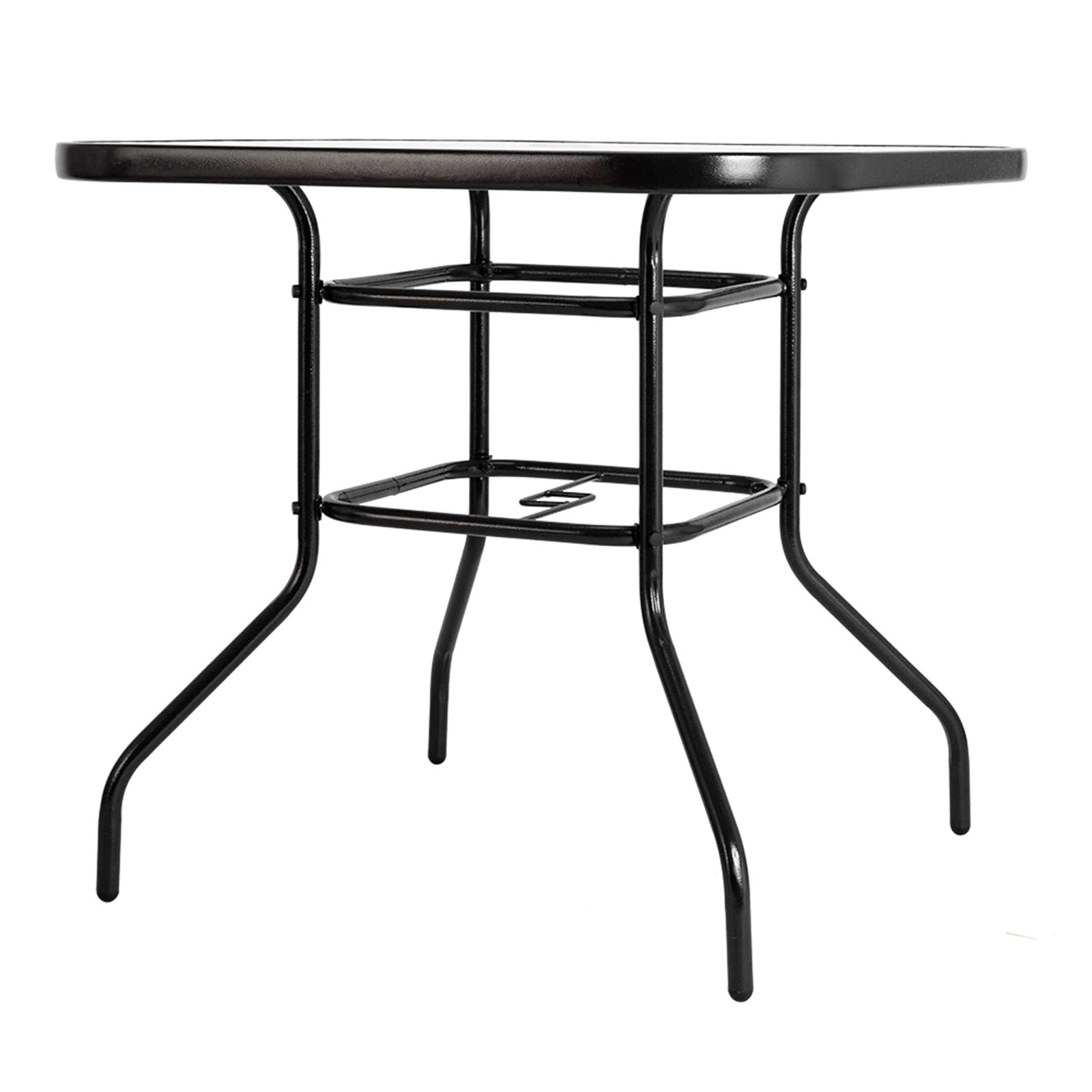 32 Inch Round Patio Glass Top Table with Umbrella Hole - Outdoor Bistro Dining Table, Metal Side Table for Backyard, Garden, Balcony - Durable Outdoor Furniture for Dining, Lounging & Entertaining