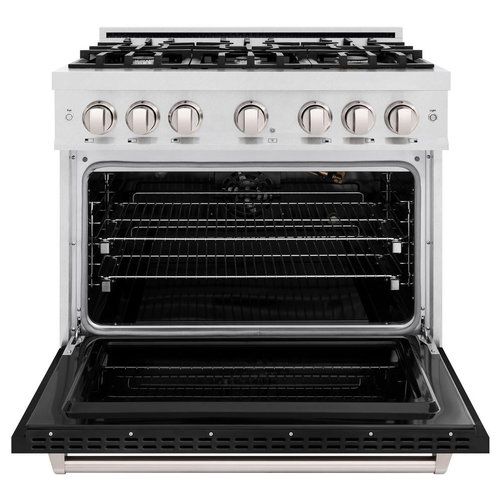 ZLINE 36 Inch 5.2 Cu Ft Classic Gas Range - 6 Burner Cooktop & Convection Gas Oven - Satin Stainless Steel with Black Matte Door (CGRS BLM 36) - Perfect for Modern Kitchens & Professional Cooking