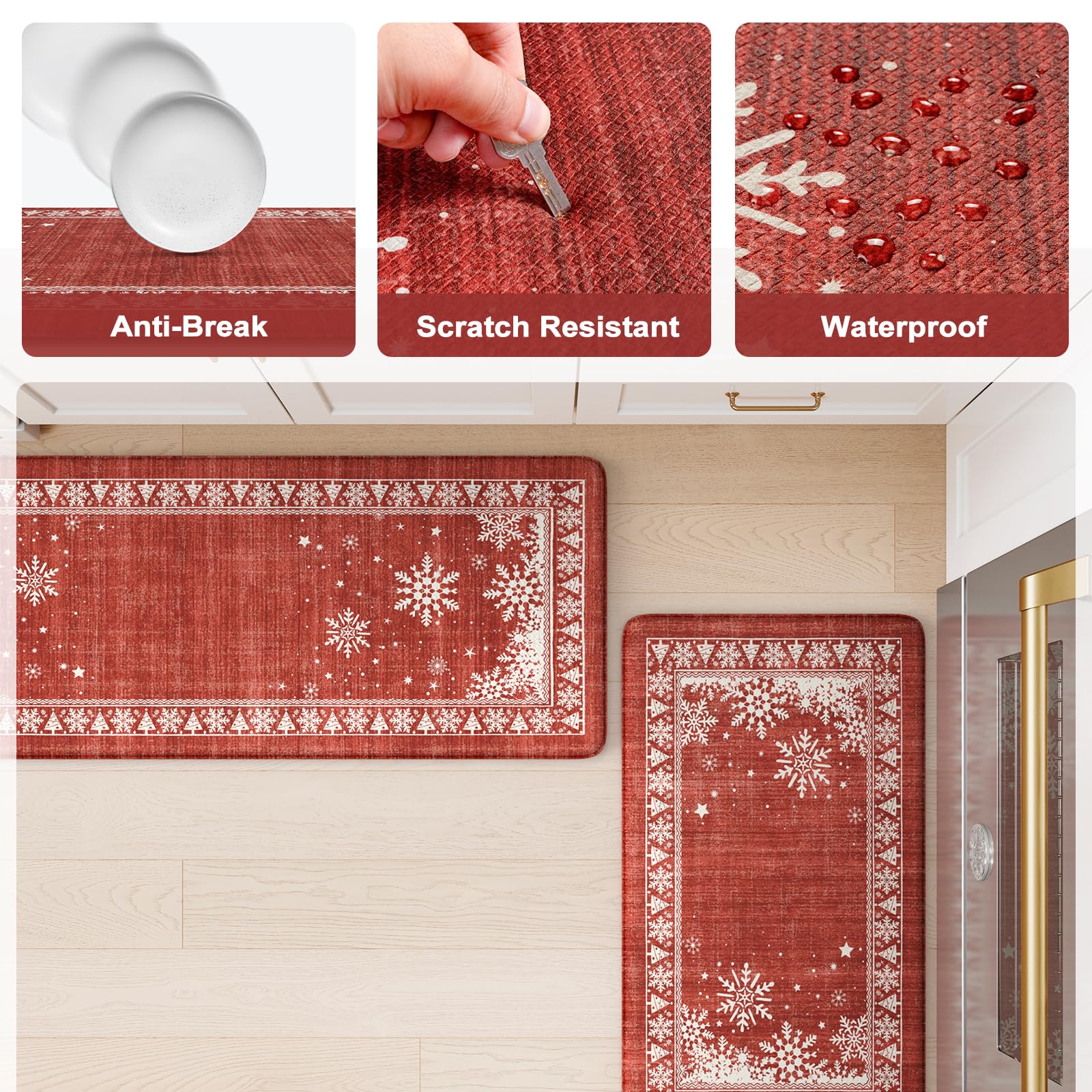 KIMODE Christmas Kitchen Mats Set of 2 - Anti Fatigue Memory Foam Floor Mats with Boho Red Snow Design, 17