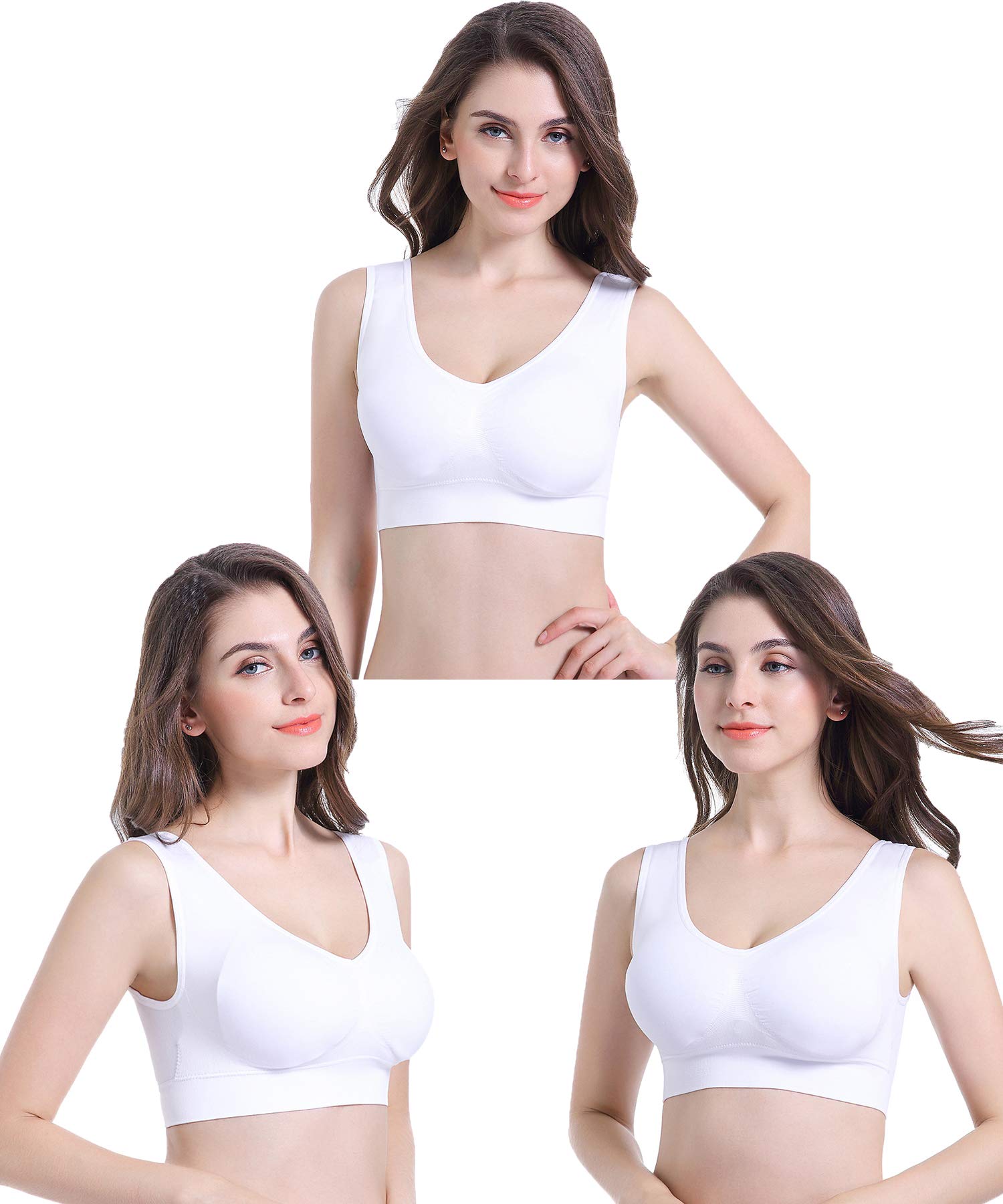 PRETTYWELL Women's Sleep Bras - 3 Pack Seamless Wireless Comfort Yoga Sports Bra with Removable Pads | Soft Stretchy Lounge Bras for Sleeping, Yoga, Workout & Relaxation