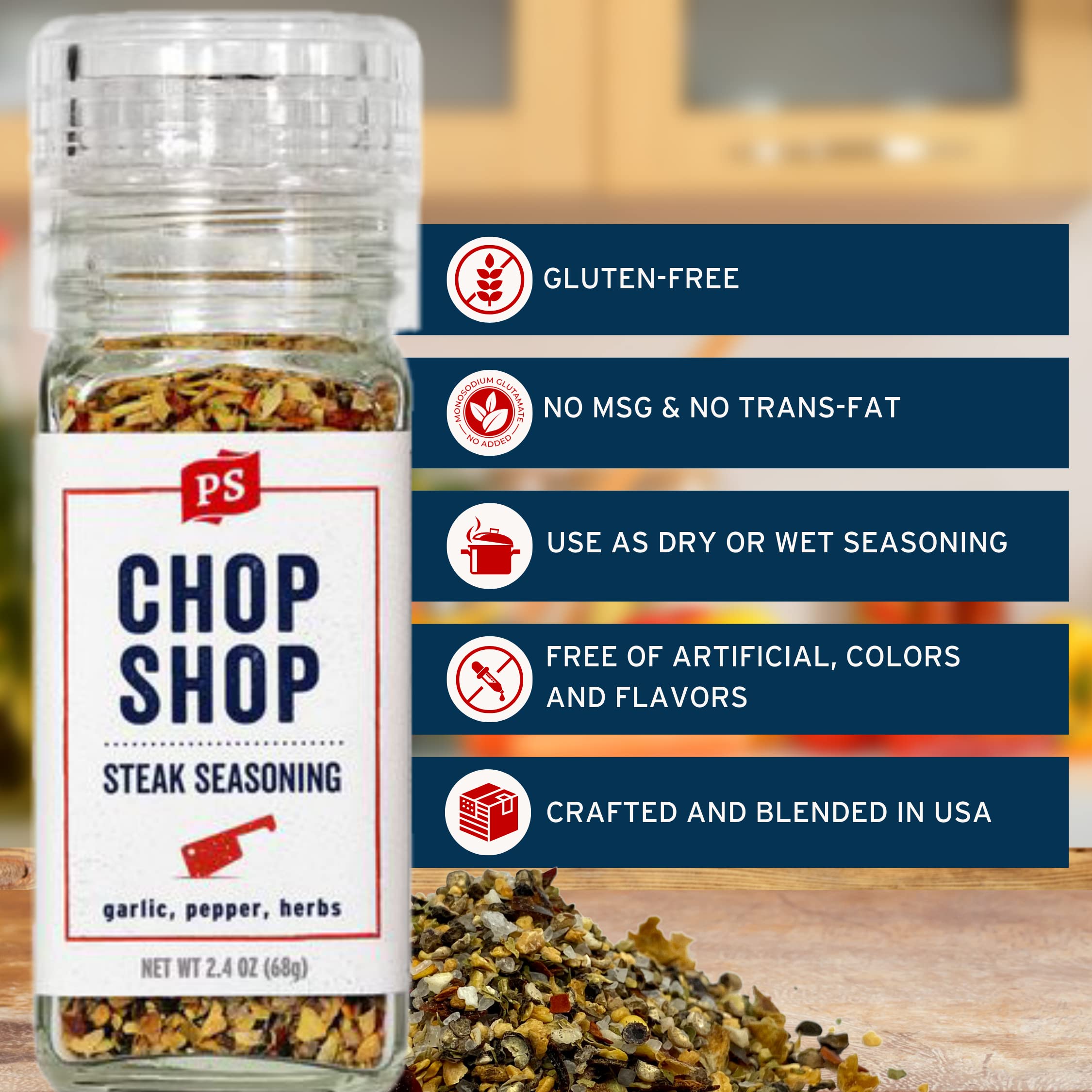 PS Seasoning Chop Shop - Premium Steak Seasoning Grinder | BBQ Dry Rub & Topping for Steak, Pork, Chicken, Burgers | Garlic, Herbs & Pepper Blend | Perfect for Grilling, Roasting & Home Cooking