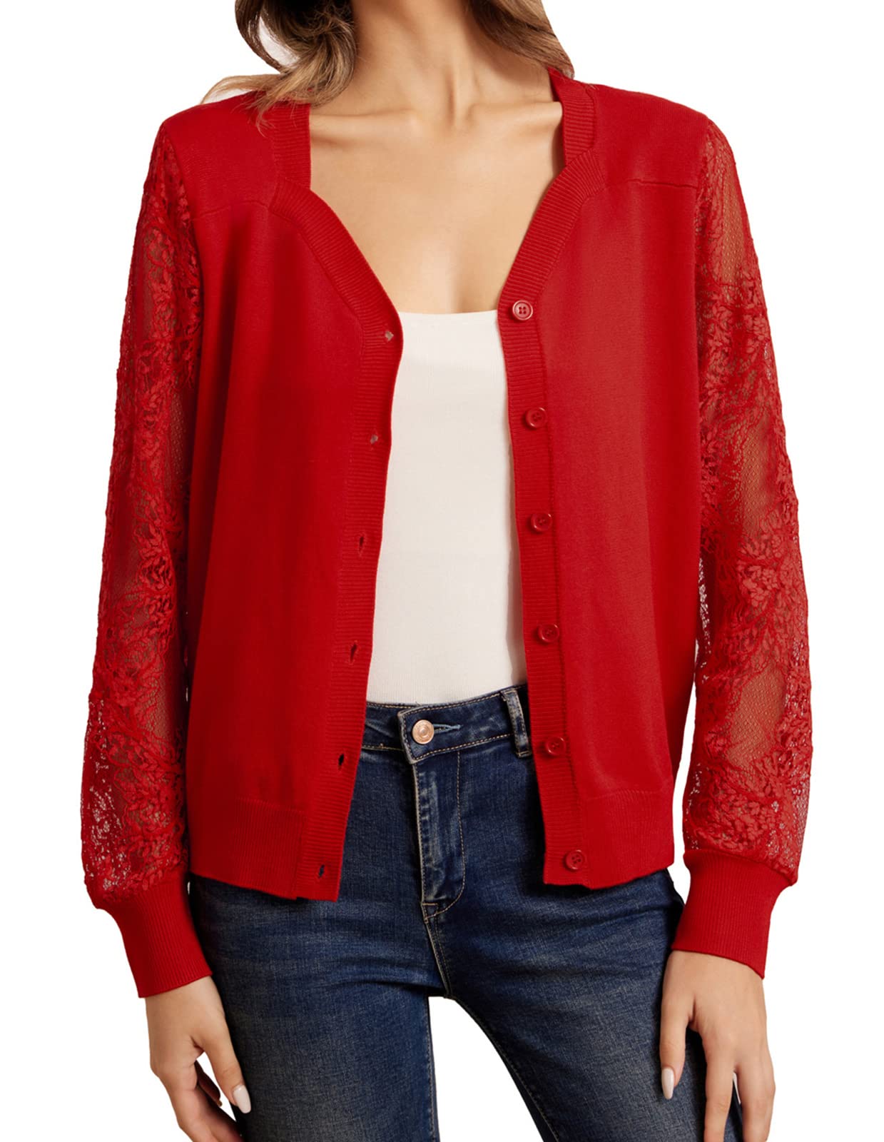 GRACE KARIN Women's Lace Crochet Knit Cardigan Sweater - Long Sleeve Button Down Casual Open Front Cover Up for Spring Fall - Perfect for Office, Date Night & Layering Outfits