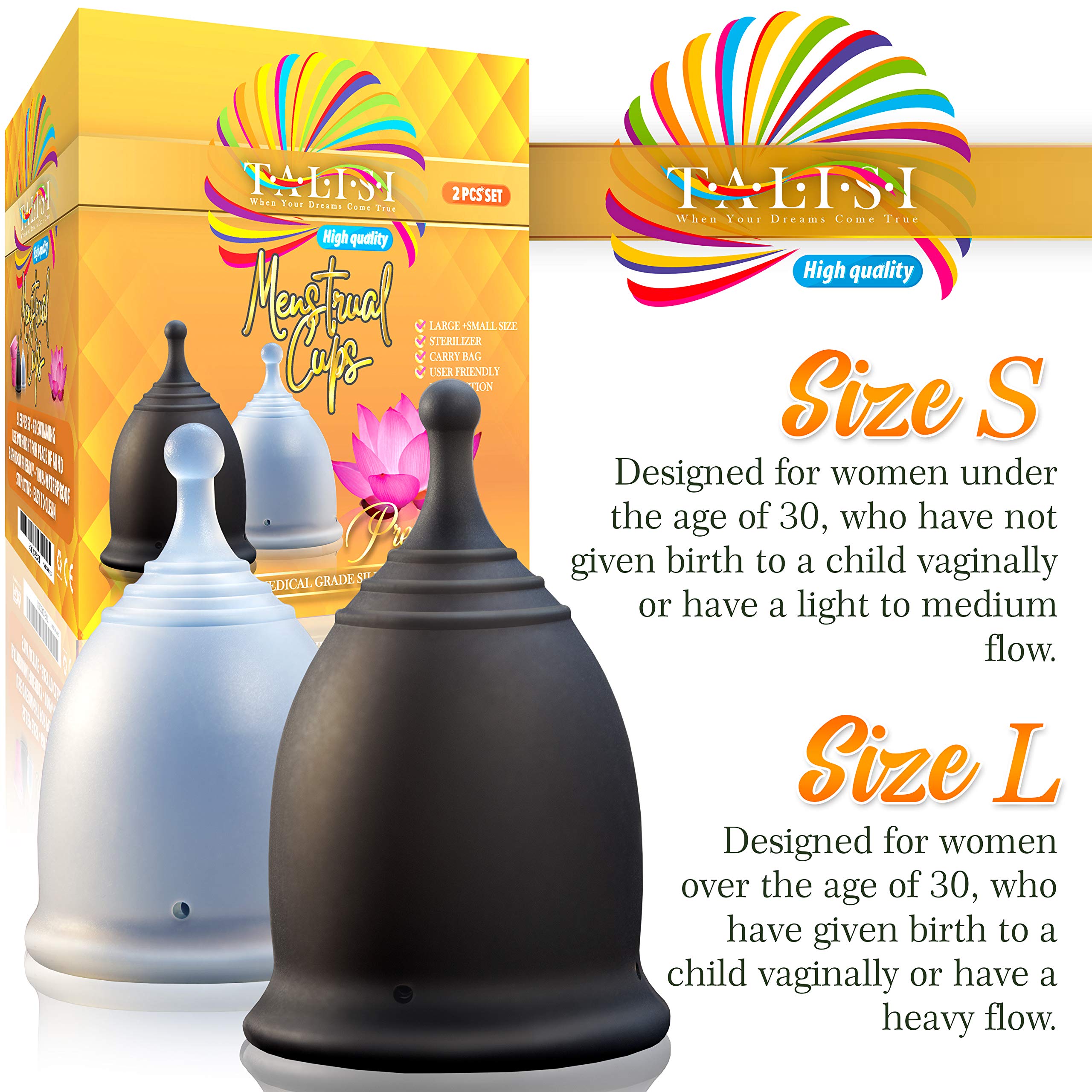 **Talisi Reusable Menstrual Cup Set - Soft Silicone Foldable Period Cup with Sterilizer Case - Eco-Friendly Alternative to Tampons & Pads - Small & Large Sizes for Light & Heavy Flow - Perfect for Travel, Gym & Active Lifestyles**