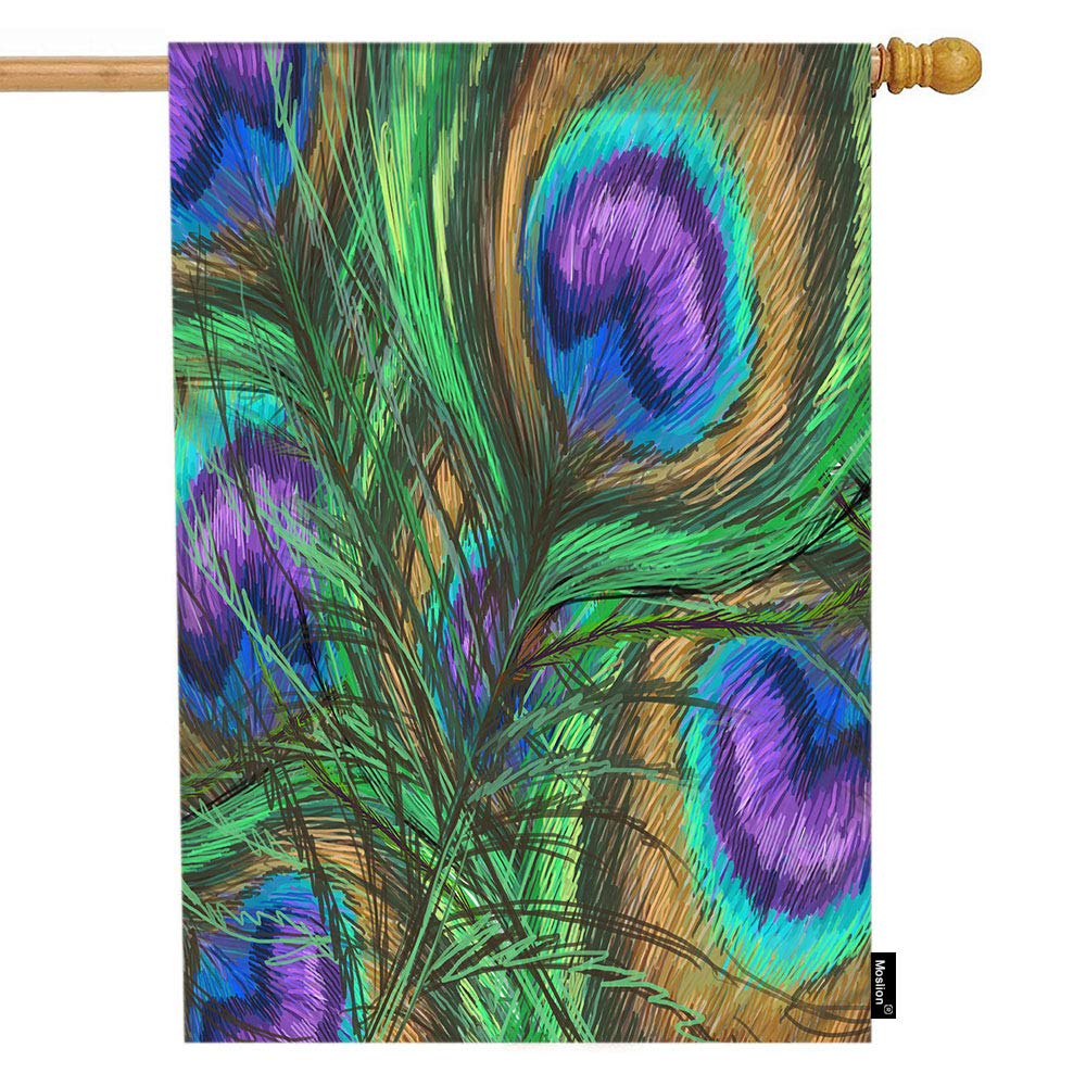Moslion Double-Sided Peacock Feather House Flag - 28x40 Inch Colorful Digital Print Outdoor Decoration - Vibrant Green & Purple Cotton Linen Flag for Porch, Garden & Summer Decor