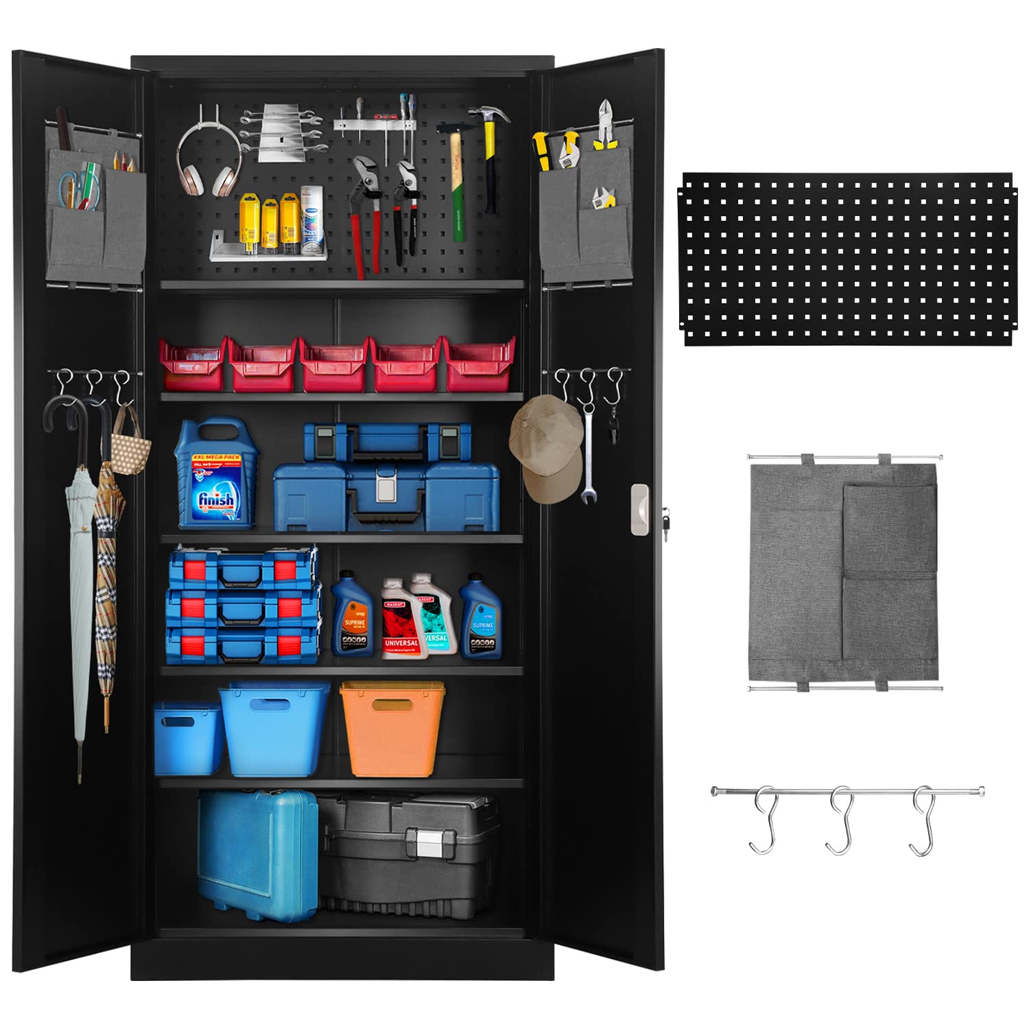 Greenvelly 6-Tier Metal Garage Storage Cabinet with Lockable Glass Doors - Tall Black Tool Organizer with 5 Adjustable Shelves, Pegboard & 6 Hooks - Perfect for Home Office, Workshop, Garage Organization & Tool Storage
