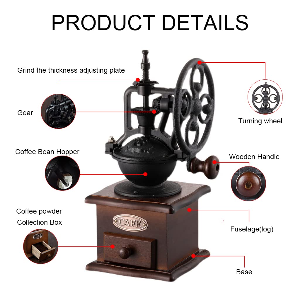 Vintage Wooden Hand Coffee Grinder - Manual Burr Mill for French Press, Espresso & Pour Over - Classic Retro Style with Cleaning Brush - Perfect for Home, Office & Camping Use