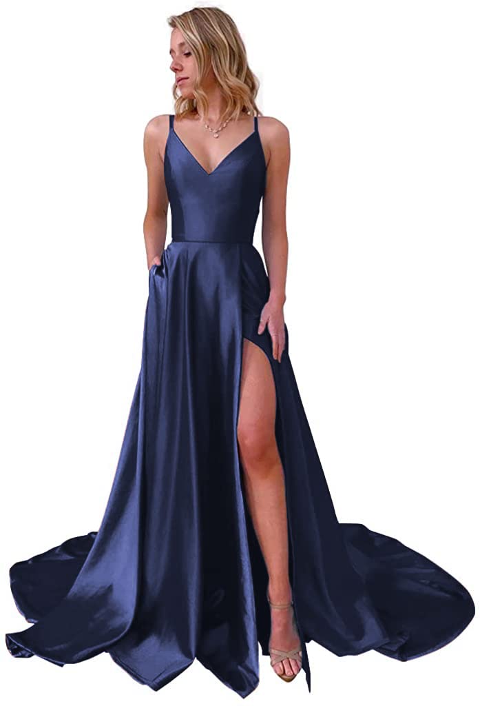 BOLENSYE Women's Elegant Spaghetti Strap Prom Dresses with Pockets - Sexy Slit Evening Gown for Formal Party, Homecoming, Wedding Guest, Cocktail Events