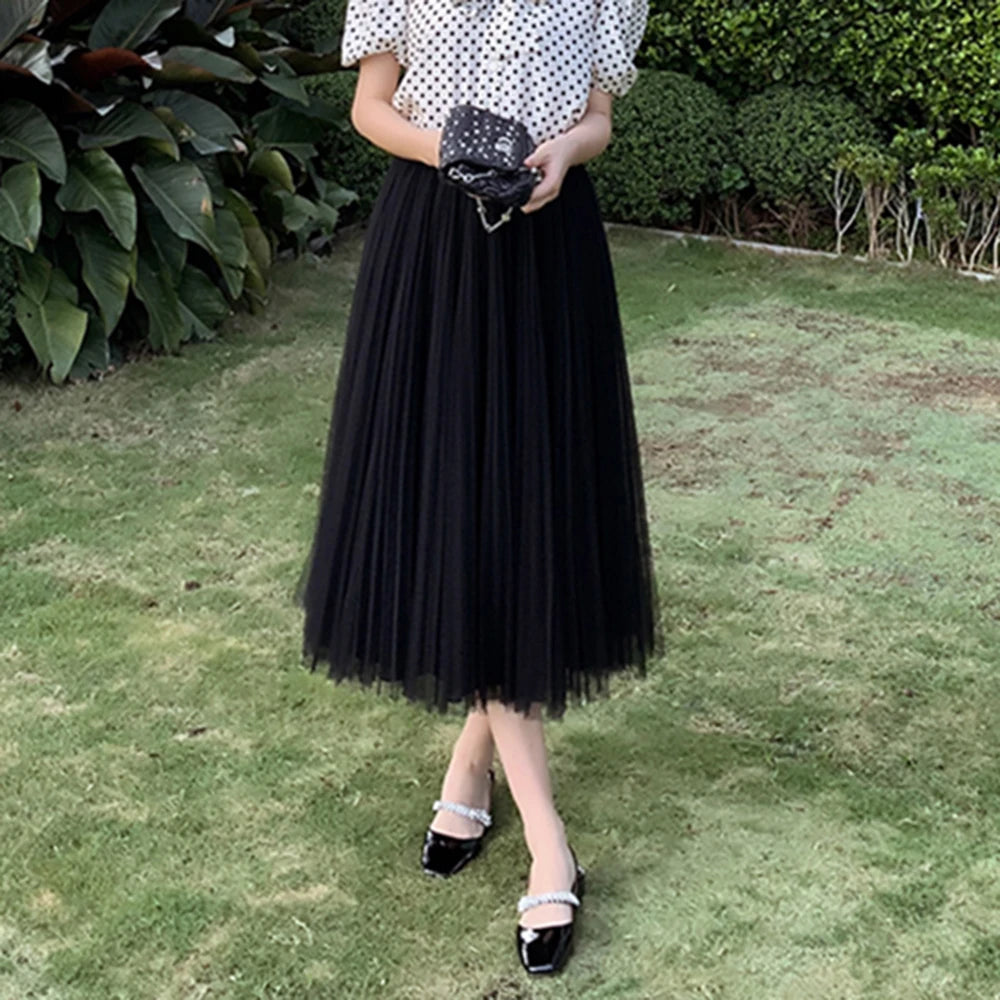 Black High Waist A-Line Mesh Midi Skirt for Women - Minimalist Solid Summer Skirt | Perfect for Casual Outings, Beach Vacations & Date Nights