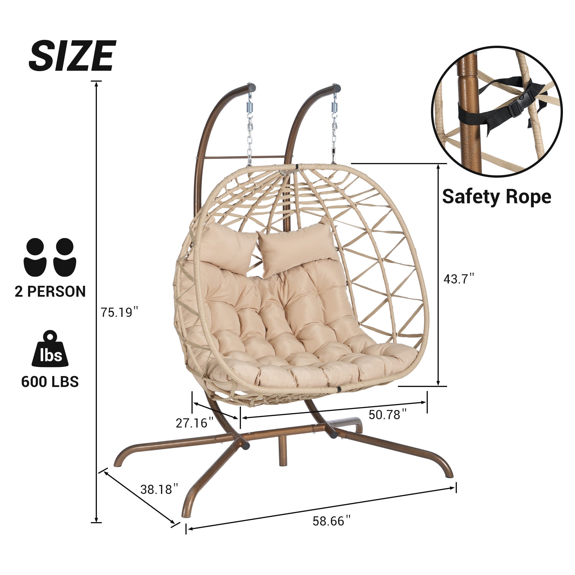 Double Egg Chair with Stand - Indoor/Outdoor Wicker Rattan Hanging Swing Chair with UV-Resistant Cushions (600 lbs Capacity) - Perfect for Bedroom, Balcony, Patio, Garden & Backyard Relaxation