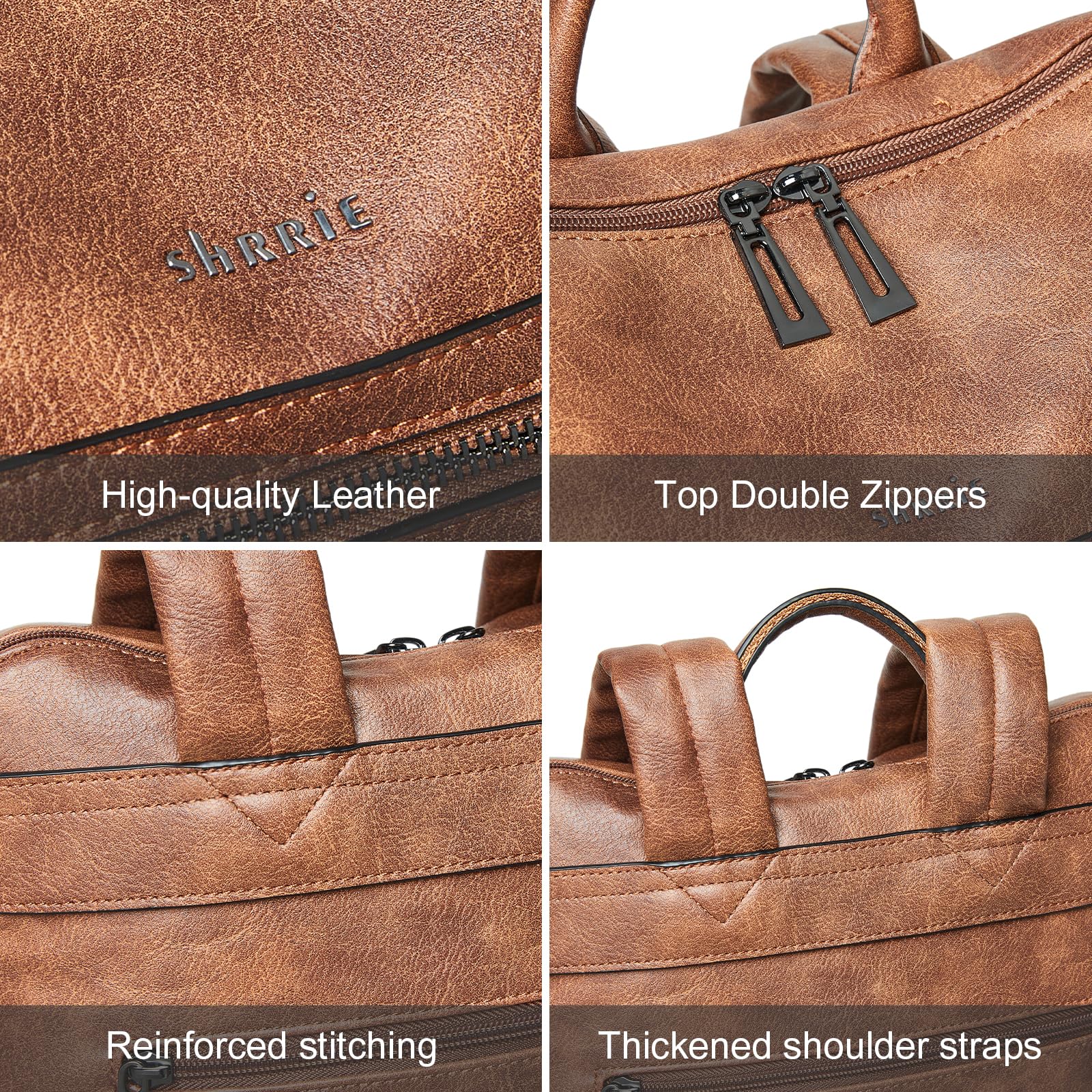 Shrrie 15.6 Inch Women's Laptop Backpack - Large Leather Travel Bag, Water Resistant Work Backpack for College, Office & Commuting - Two-Toned Brown - Perfect for Business Trips, School & Daily Use