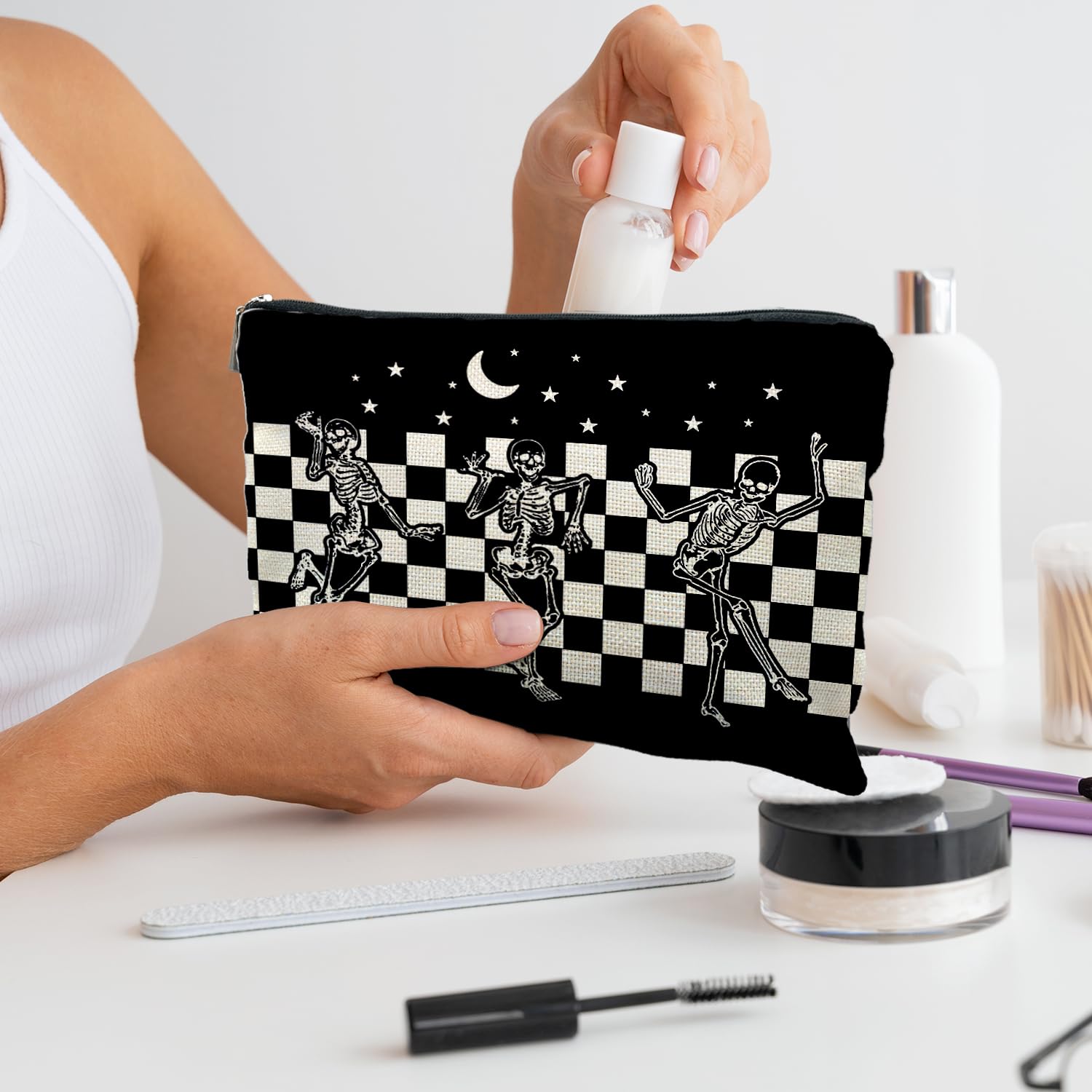 Gothic Makeup Bag for Women - Spooky Dancing Skeleton Cosmetic Pouch - Perfect for Halloween, Goth Gifts & Horror Themed Parties - Great for Travel, Daily Use & Cosmetics Storage