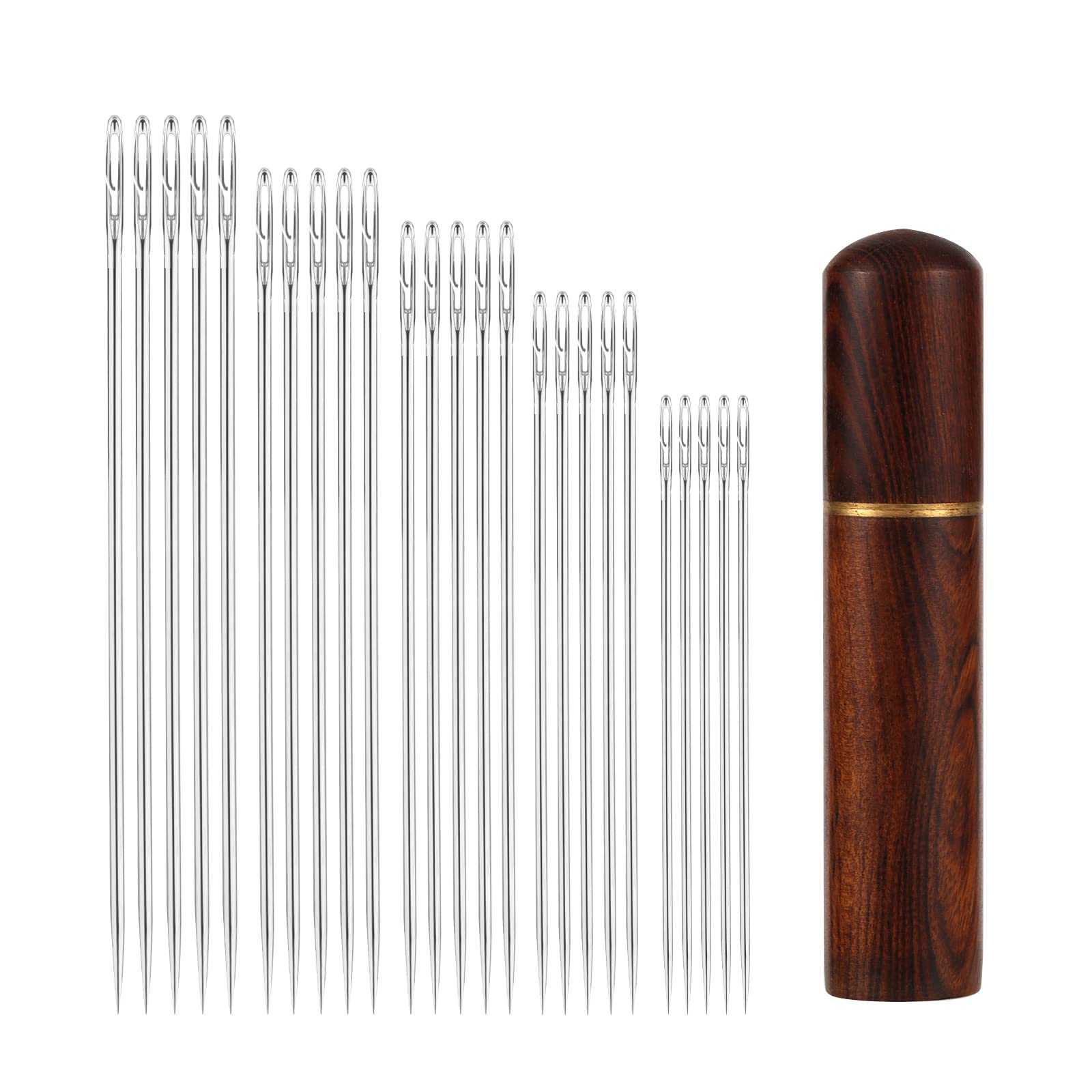 SAVITA 25pcs Self Threading Needles - Stainless Steel Easy Thread Sewing Needles Set with Large Eye & Wooden Case (5 Sizes) - Perfect for Hand Embroidery, Quilting, Cross Stitch & DIY Sewing Projects (D15341)