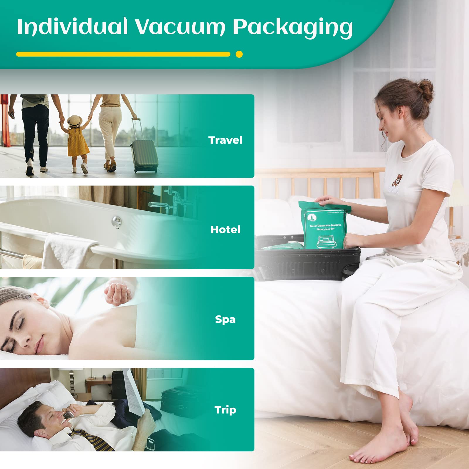 Disposable Bed Sheets for Hotels & Travel - 12 Pack Waterproof Disposable Bed Covers with Bath Towels, Face Towels & Toilet Seat Covers | Cruise, Camping, Spa & Hospital Use - Essential Hygiene Travel Accessories