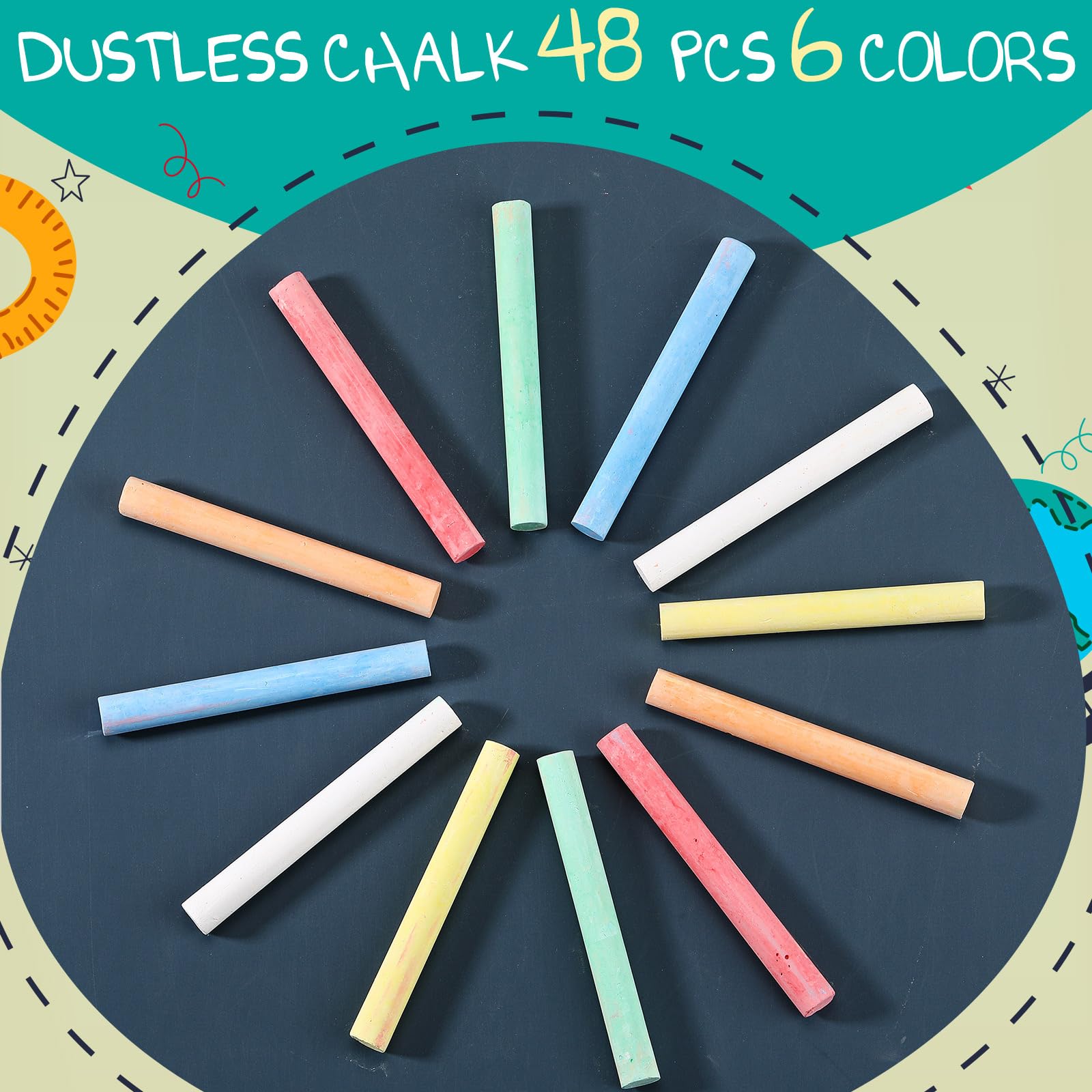 48 Pcs Non-Toxic Dustless Chalk - 6 Vibrant Colors for Indoor Chalkboards, School, Classroom, Home & Cafe Menu Writing - Ideal for Teaching, Learning, Sidewalk Art and Creative Projects
