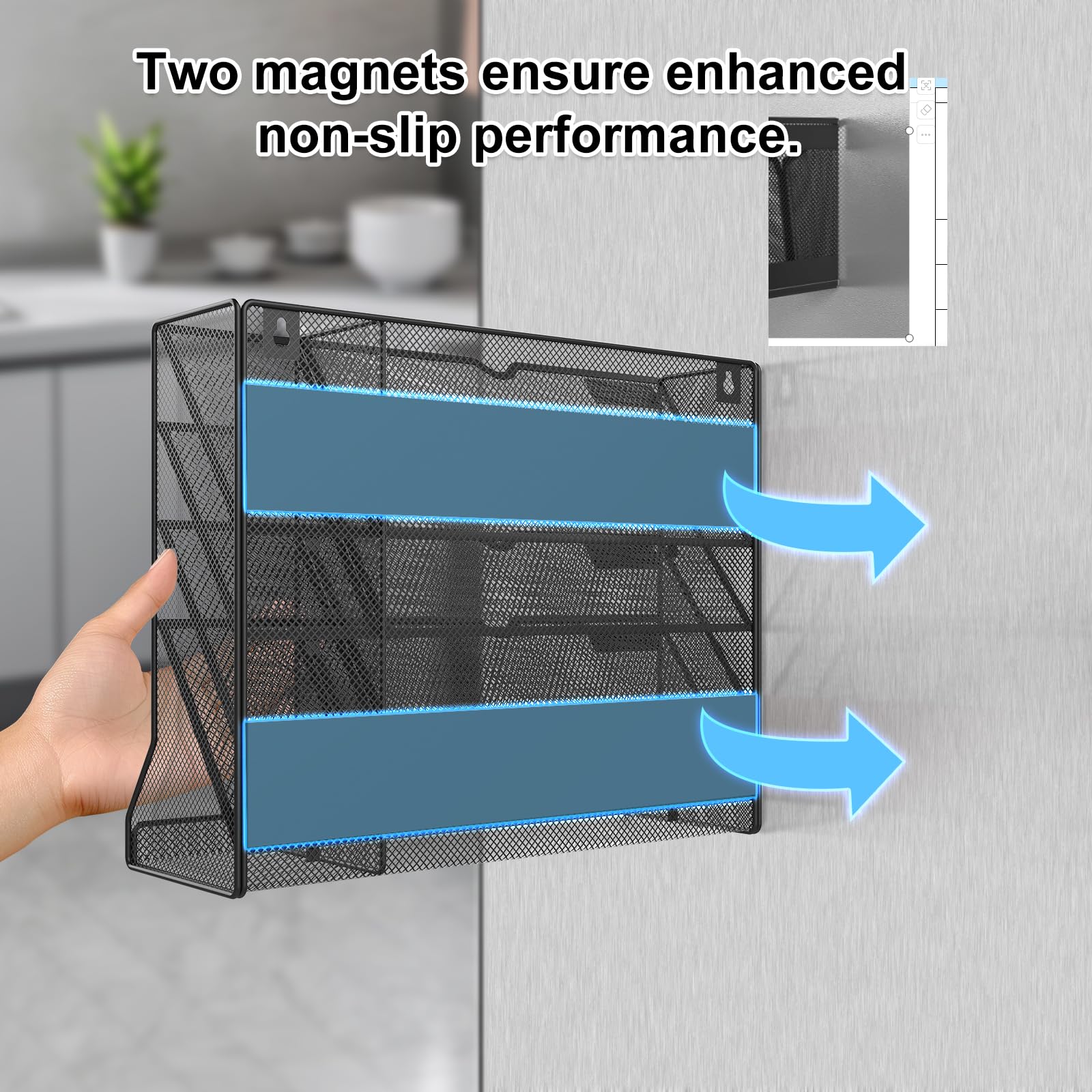 5-Tier Magnetic File Organizer with R-Shaped Bottom Tray - Hanging Mail & Document Holder for Office & Home - Includes 4 Pen Holders - Perfect for Desk Organization, Wall Storage & Paper Management (Black)