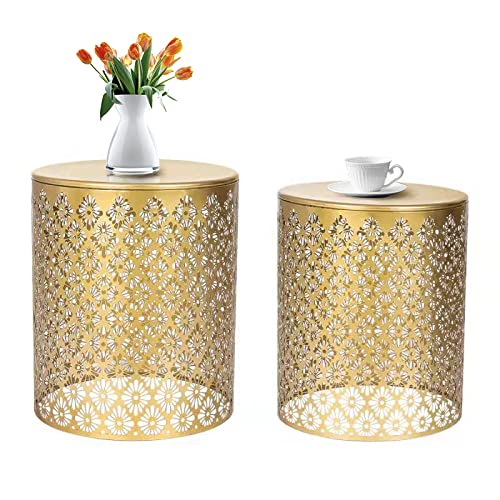 Joveco Round End Tables Set of 2 - Modern Nesting Coffee Tables & Nightstands with Gold Floral Design - Perfect for Living Room, Bedroom, Entryway as Side Tables or Stools - Home Decor Accent Furniture for Small Spaces