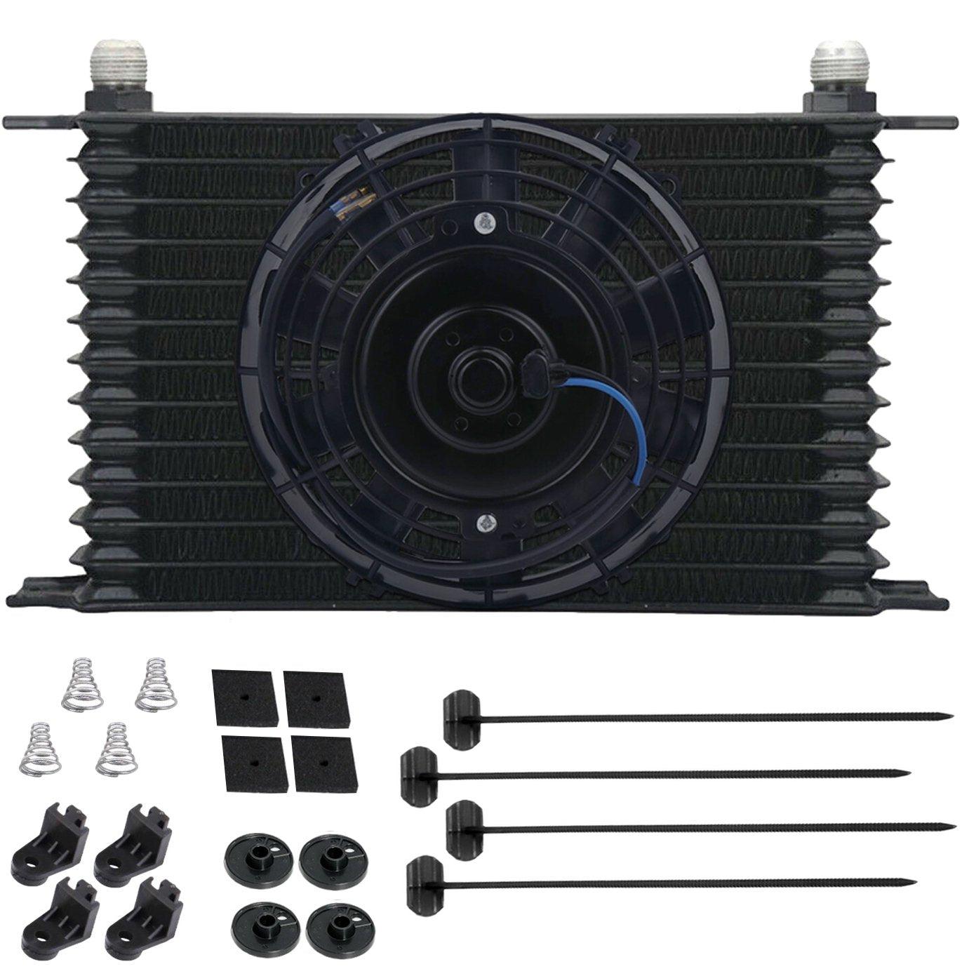 13 Row Engine Transmission Oil Cooler with 6-10AN Hose Fittings & Electric Fan Kit - High Performance Cooling for Trucks, SUVs, and Performance Vehicles