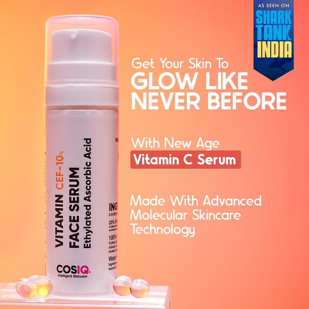 CosIQ 10% Vitamin C Face Serum with Vitamin E & Ferulic Acid - Brightening Serum for Glowing Skin, Reduces Wrinkles, Fine Lines & Dark Spots | Anti-Aging, Hydrating & Skin Protection | Perfect for Daily Skincare Routine & Nighttime Regimen | 30ml