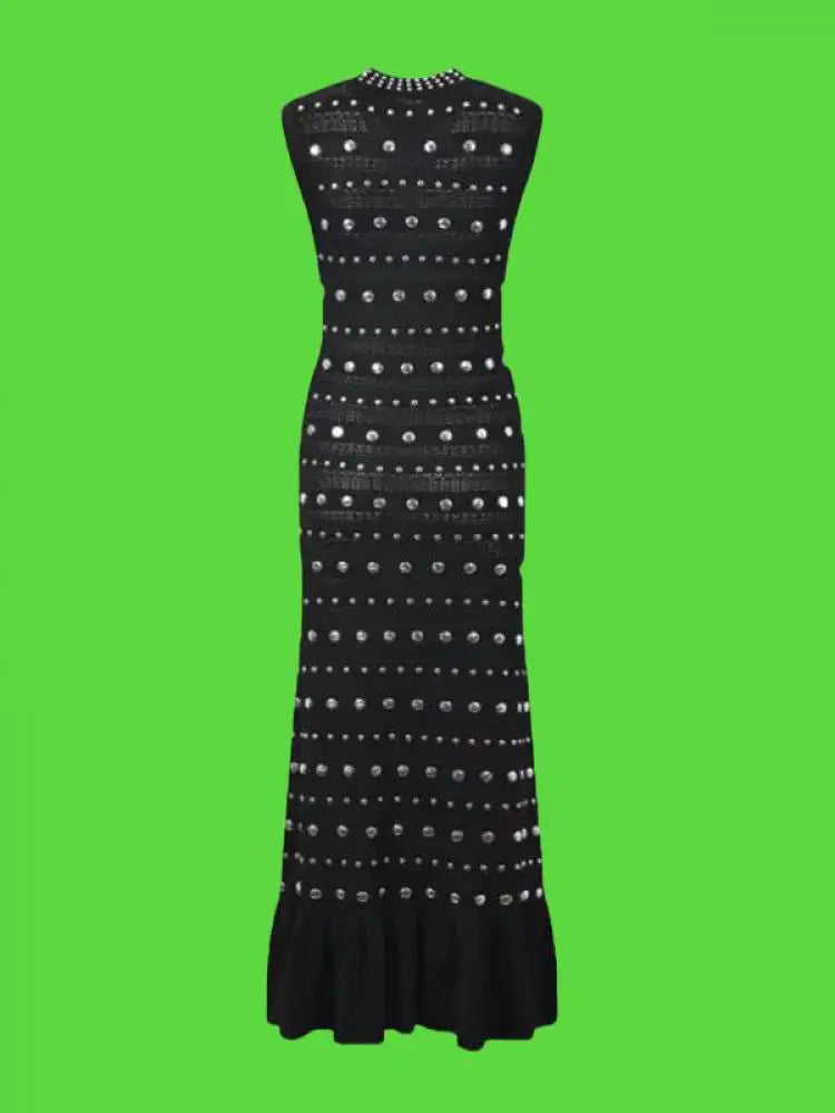 Black Diamond Sleeveless Ruffle Edge Knitted Dress for Women - Summer Red Elegant Round Neck Office Slim Wrap Hip Long Dress - Perfect for Work, Cocktail Parties & Date Nights