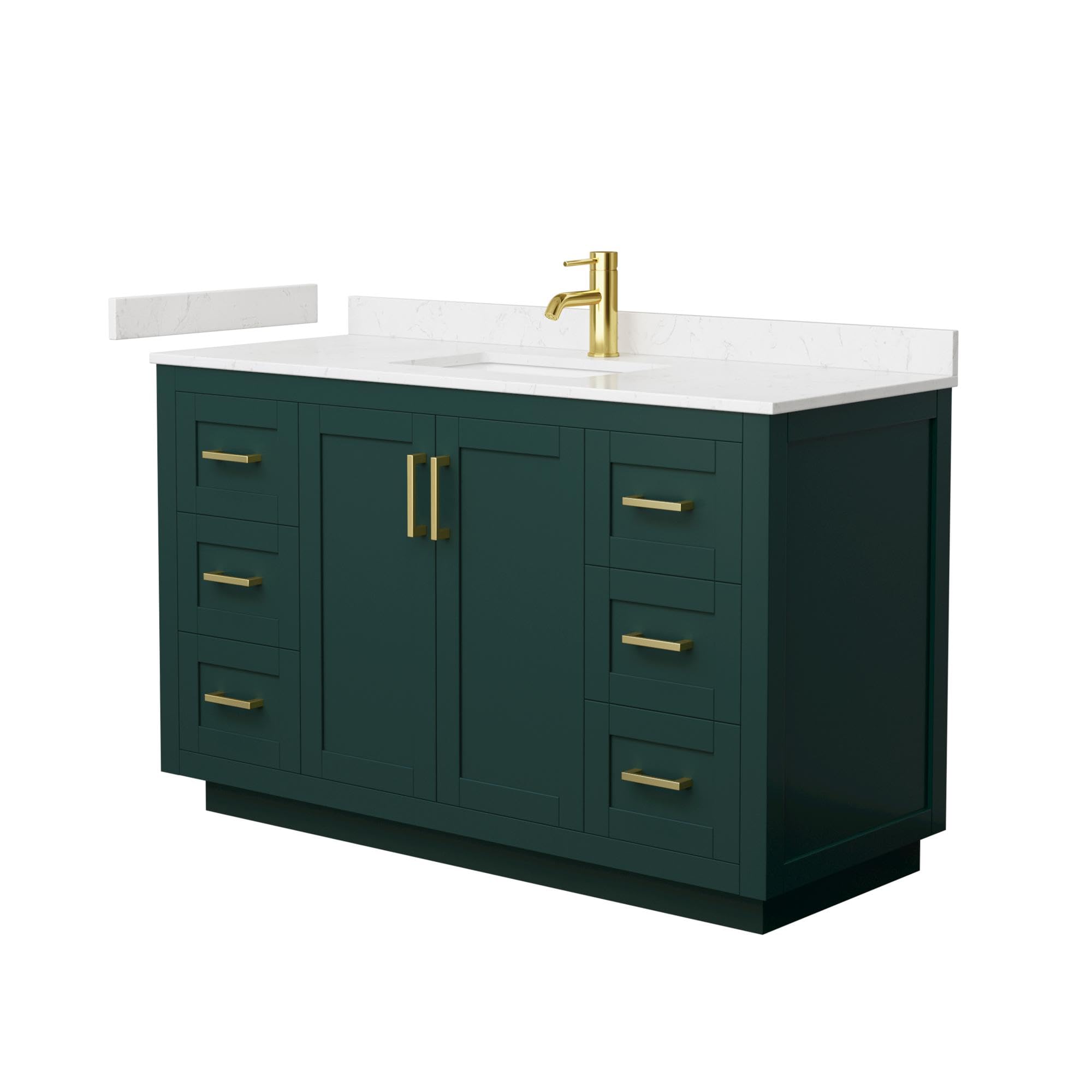 Wyndham Collection Miranda 54 Inch Single Bathroom Vanity in Green with Light-Vein Carrara Cultured Marble Countertop & Undermount Square Sink - Brushed Gold Trim | Modern Farmhouse Bathroom Decor for Master Bath, Guest Bath, or Powder Room