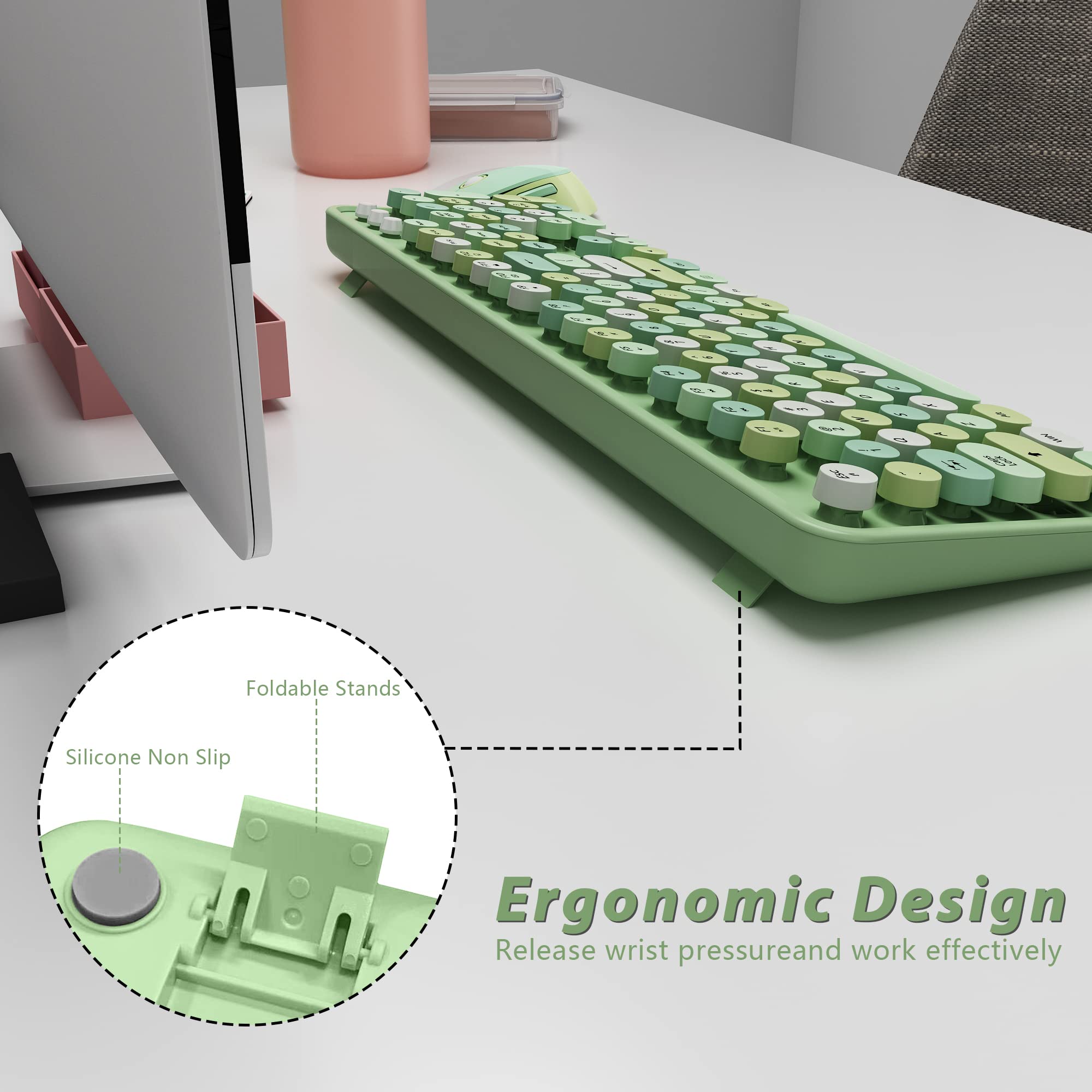 KOOTOP Retro Green Wireless Keyboard and Mouse Set - 2.4G Ergonomic Round Keycap Combo for PC, Mac, Laptop & Tablet - Perfect for Home Office, Gaming & Creative Workspaces (Green)