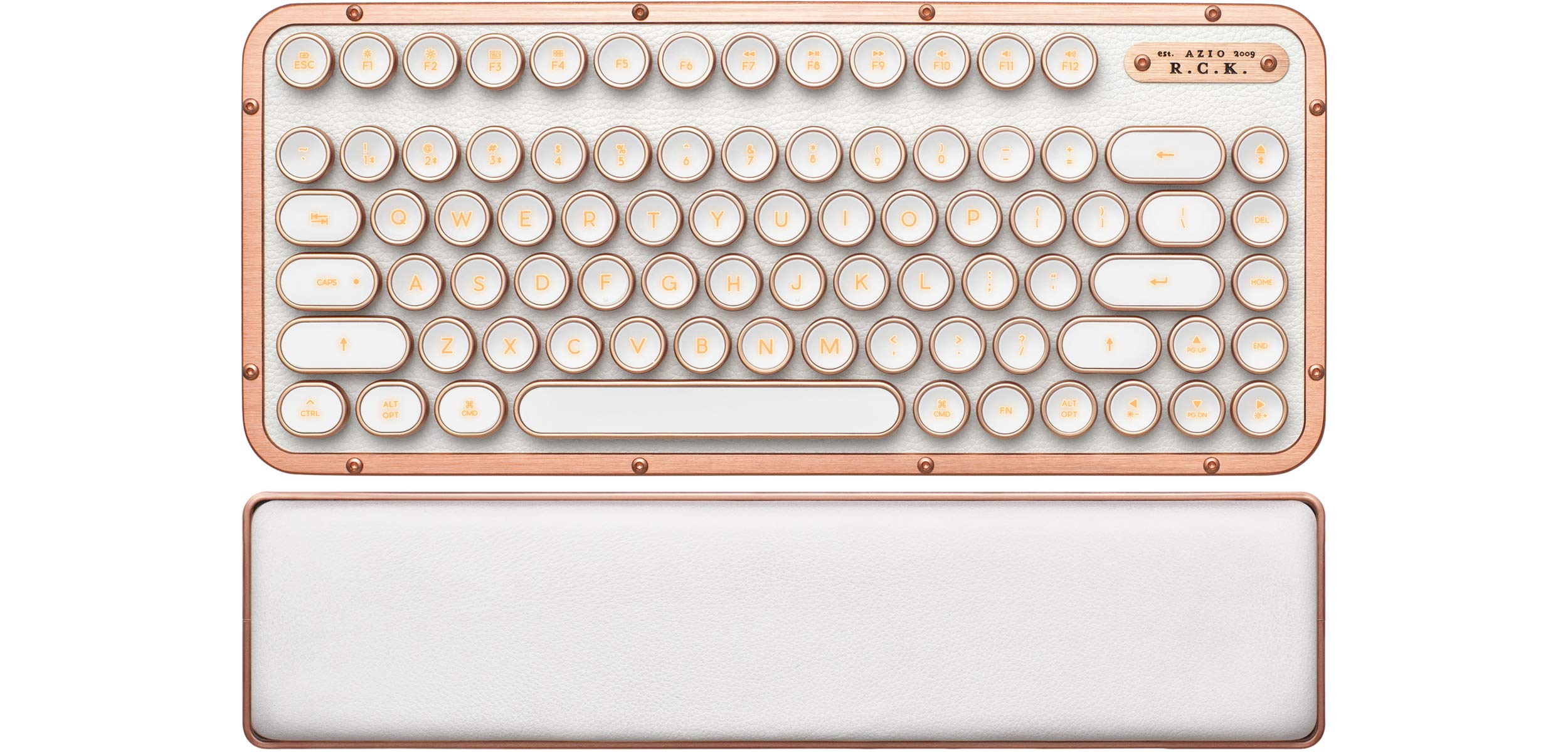 Azio Retro Compact Bluetooth Mechanical Keyboard - Wireless/USB Wired Vintage Backlit Keyboard with White Leather & Wrist Rest for Mac, PC, Office & Home (MK-RCK-L-02-US) | Perfect for Typing, Programming & Gaming