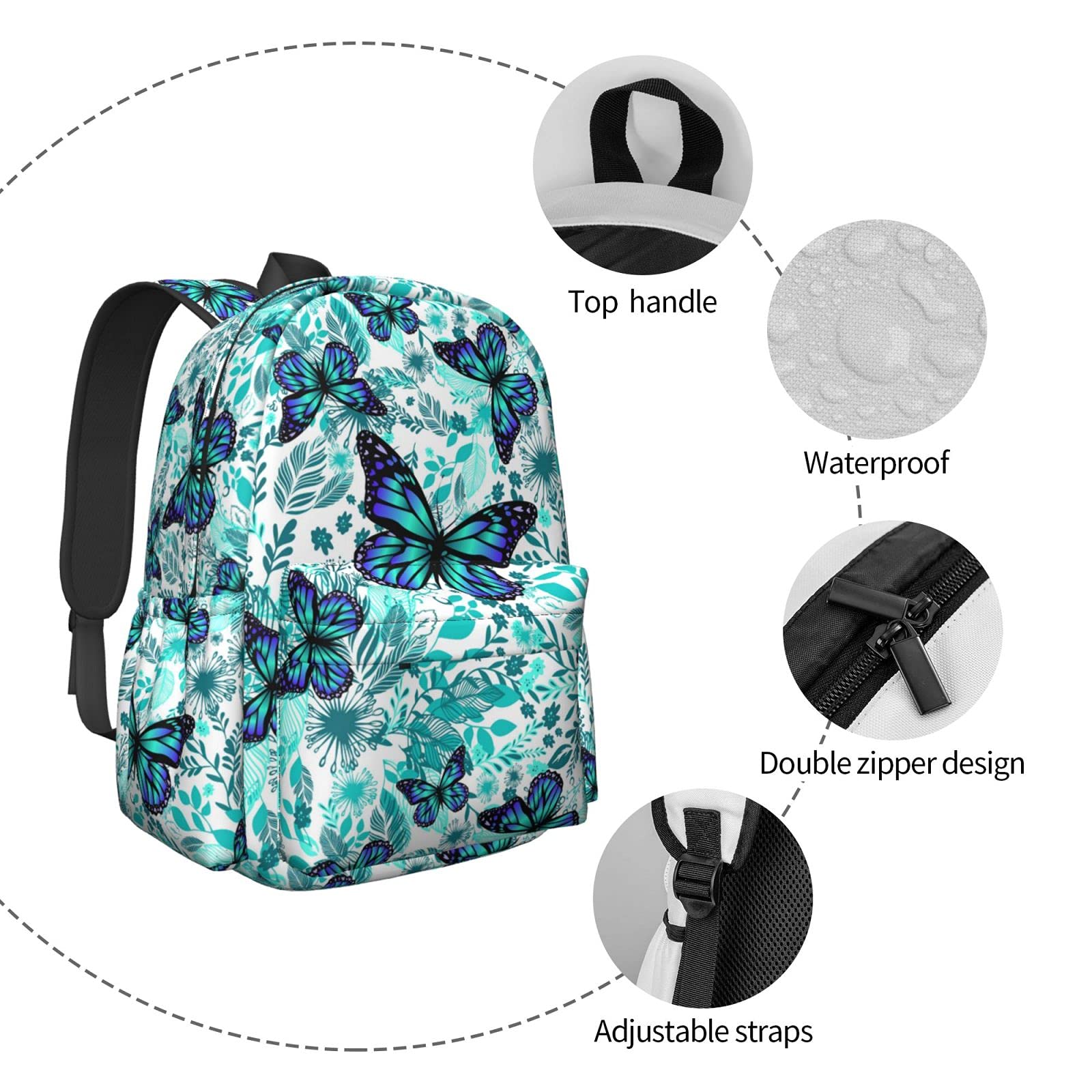 **Delerain 17 Inch Blue Floral Butterflies Laptop Backpack - Lightweight School Bookbag & Travel Daypack for Women & Men - Perfect for College, Work, Camping, Hiking, Beach & Outdoor Adventures**