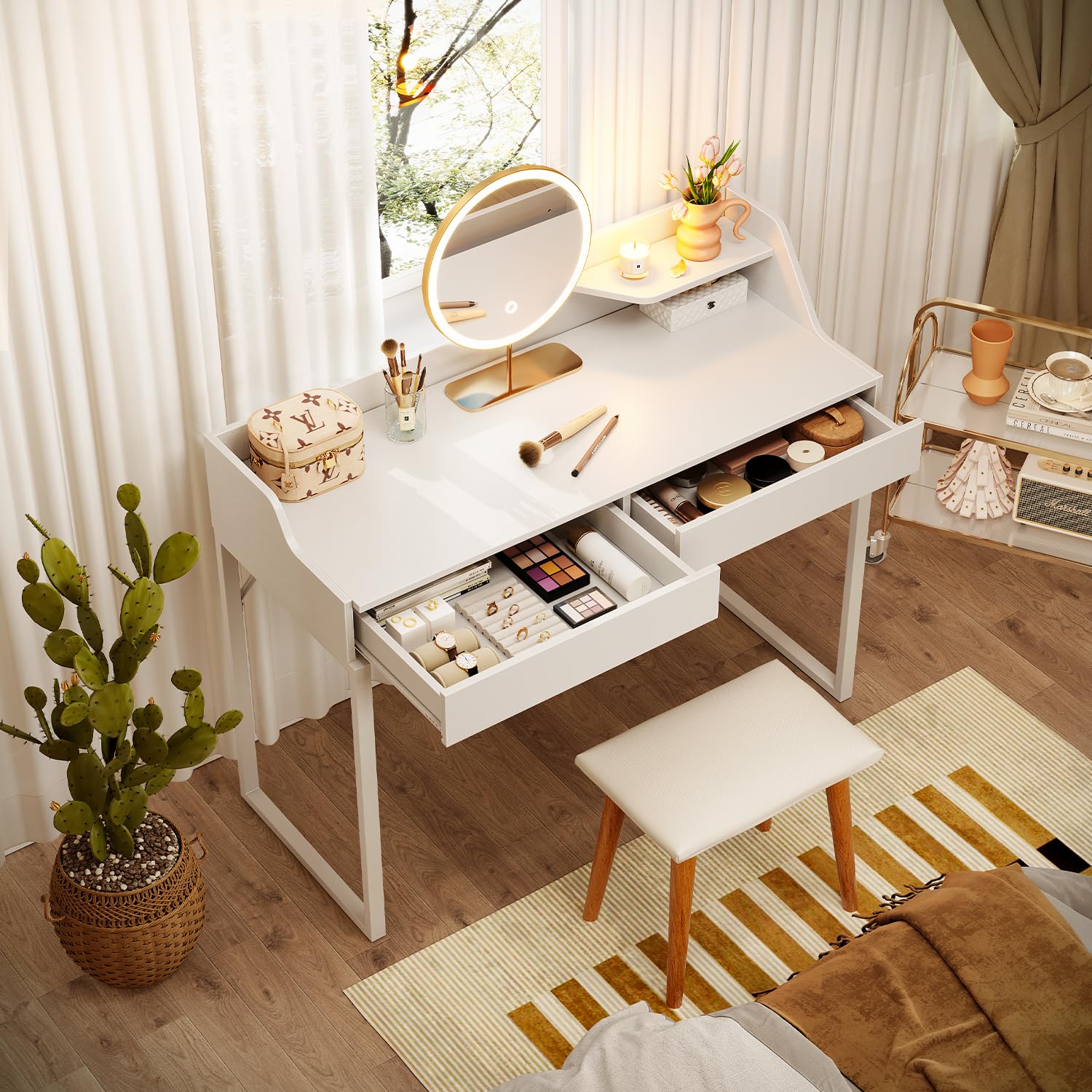 CubiCubi 40 Inch White Vanity Desk with 2 Drawers - Modern Computer Desk for Home Office, Makeup Dressing Table & Study Workstation | Perfect for Small Spaces, Bedroom, Dorm & Apartment