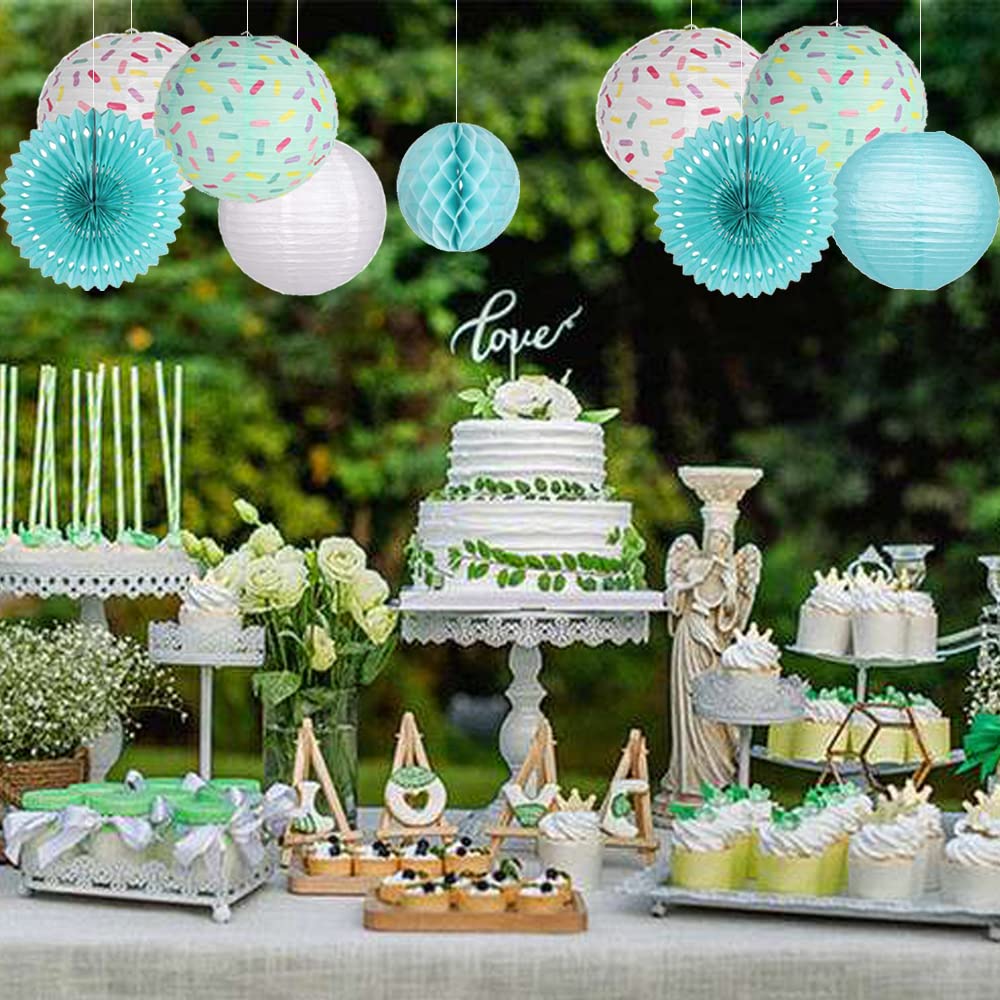 Aiminjey 15PCS Donut Birthday Party Decorations Set - Hanging Donut Paper Lanterns, Honeycomb Balls & Paper Fans for Baby Shower, Ice Cream Party (Blue & Pink Theme, 15 Pieces) - Perfect for Kids Birthday, Dessert-Themed Events & Classroom Celebrations