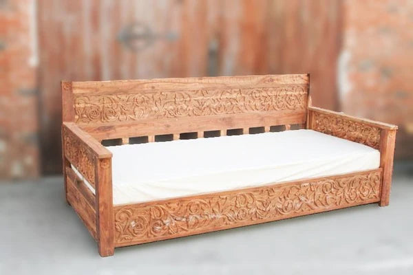 Hand Carved Indian Solid Mango Wood Daybed - Traditional Handmade Sofa Bed for Living Room, Patio & Outdoor Use - Perfect for Lounging, Relaxing & Guest Accommodation