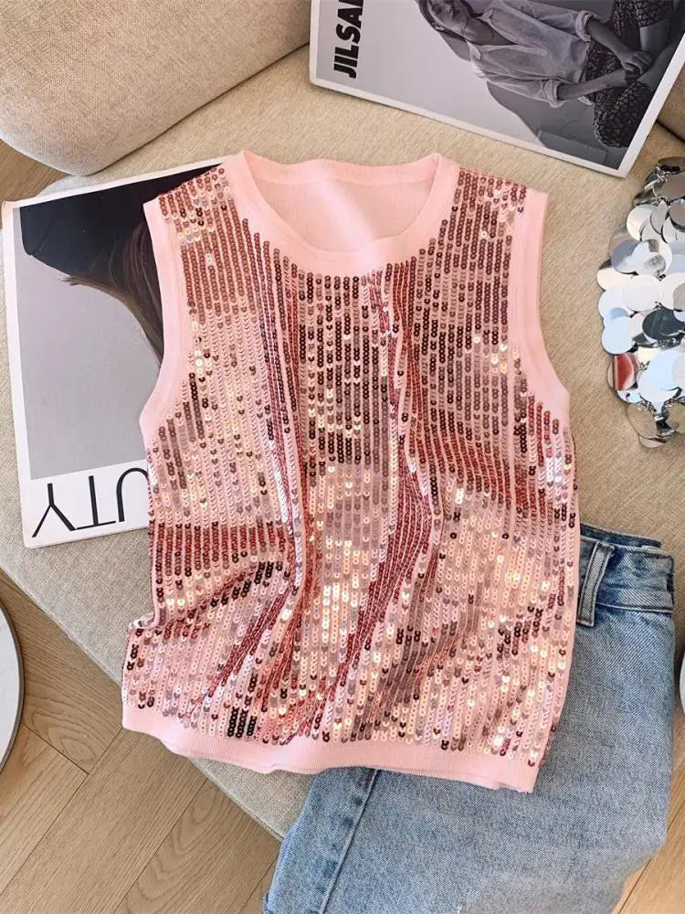 Elegant Black & Beige Sequin Knitted Sleeveless Top for Women - 2024 Summer Retro Y2K Fashion Vest | Perfect for Vacation, Parties & Night Out