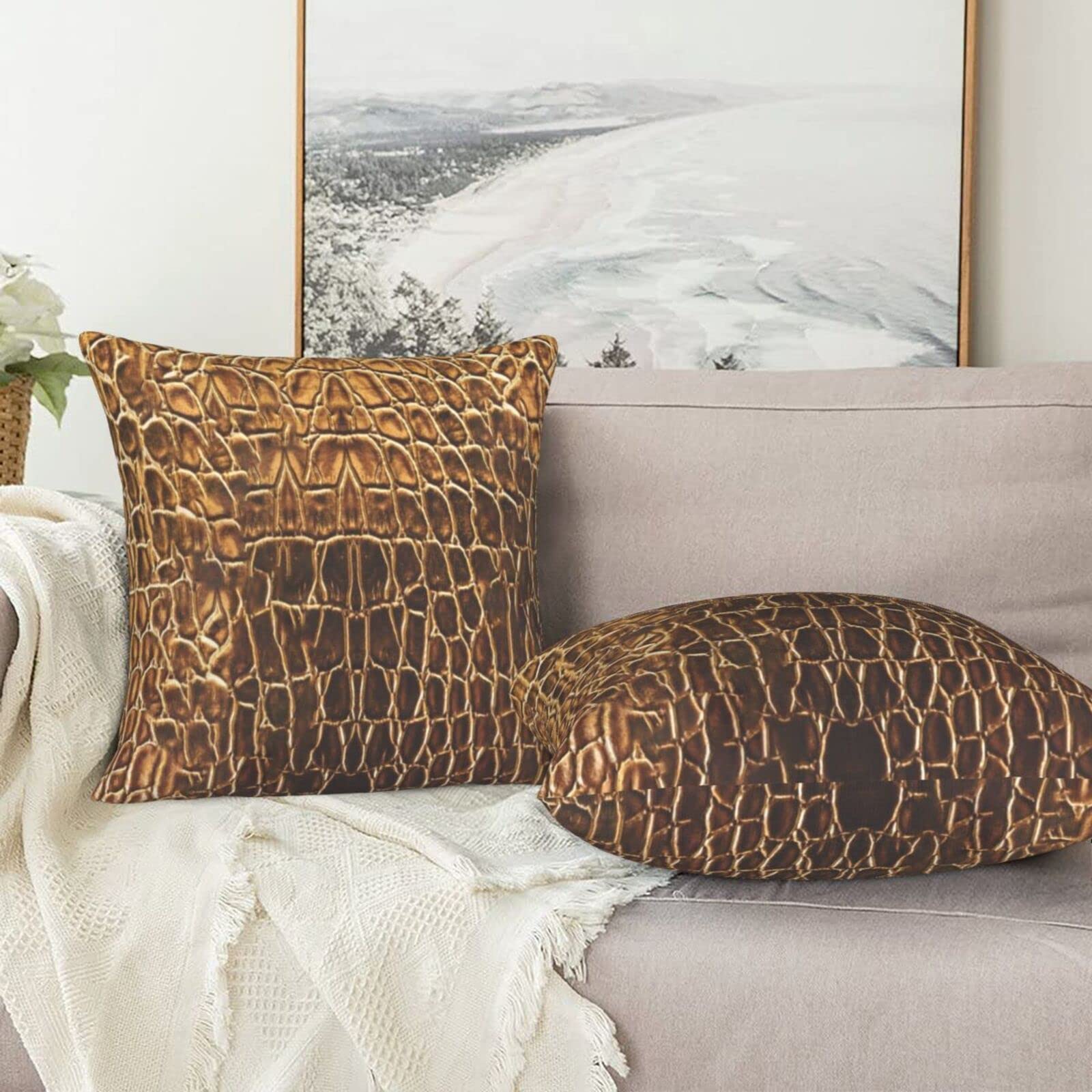 2 Pack Light Brown Alligator Skin Print Velvet Throw Pillow Covers 18x18 Inch - Soft Decorative Cushion Covers for Sofa, Bed, Couch & Car - Perfect for Living Room, Bedroom & Home Decor
