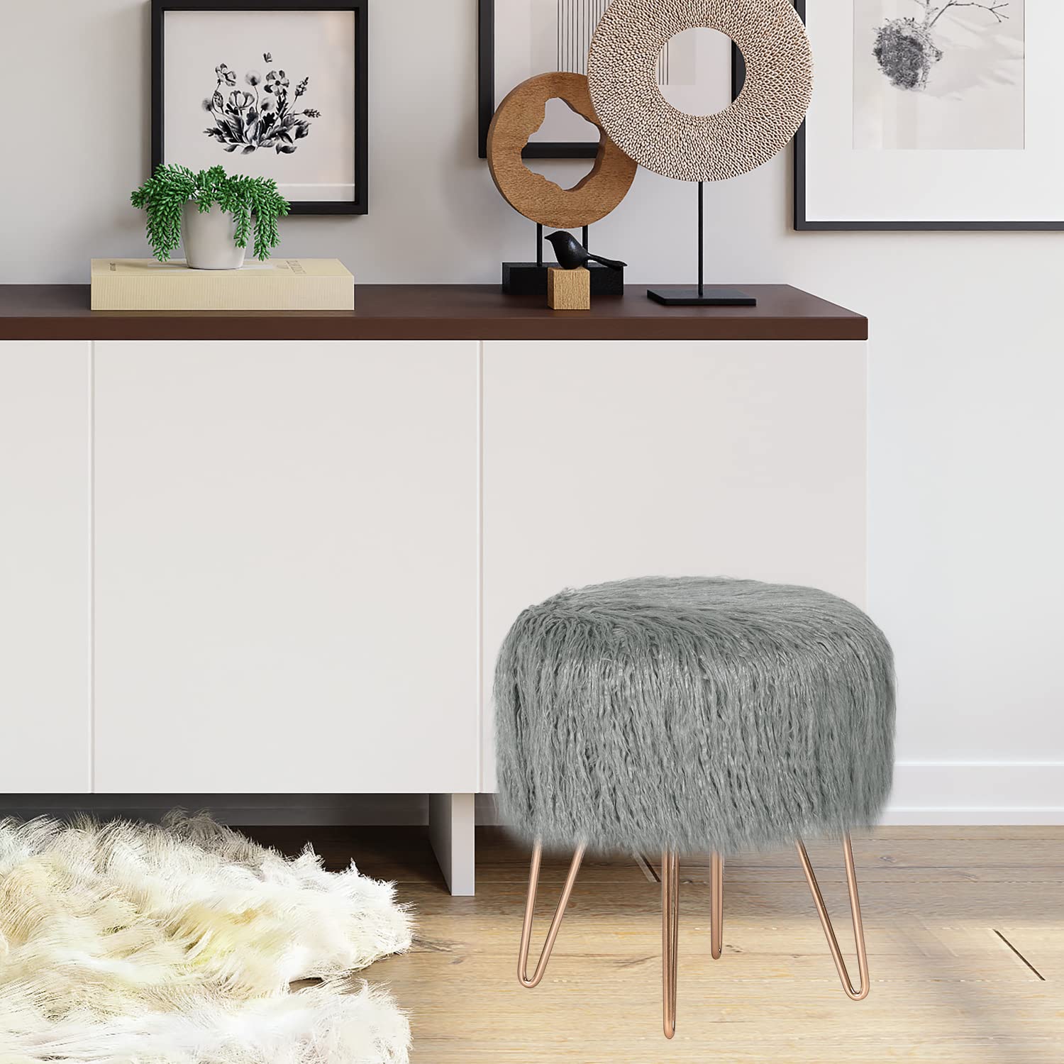Gray Faux Fur Round Ottoman with Metal Legs - Soft Footrest Stool for Bedroom, Living Room & Nursery | Perfect for Lounging, Reading Nook & Home Decor